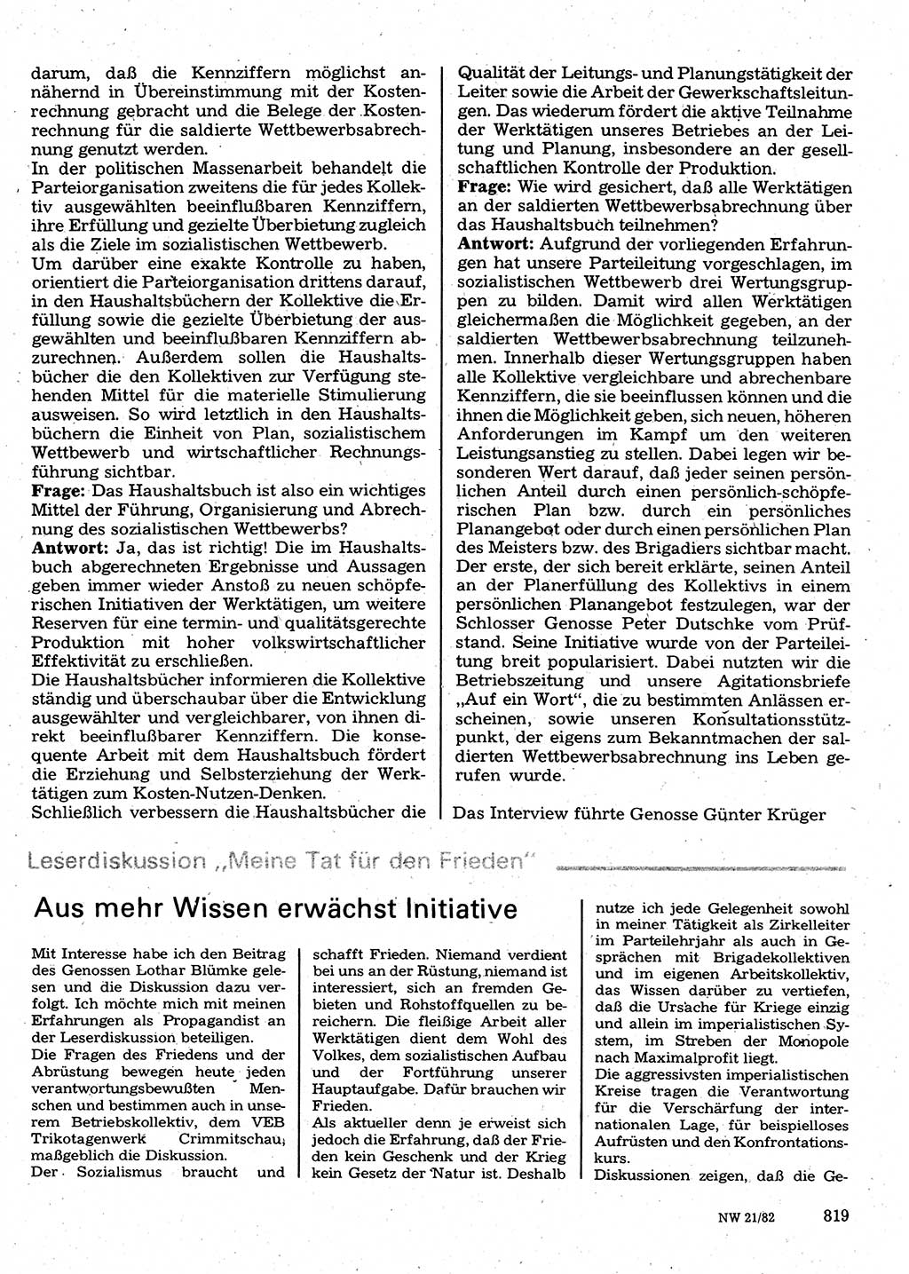 Neuer Weg (NW), Organ des Zentralkomitees (ZK) der SED (Sozialistische Einheitspartei Deutschlands) für Fragen des Parteilebens, 37. Jahrgang [Deutsche Demokratische Republik (DDR)] 1982, Seite 819 (NW ZK SED DDR 1982, S. 819)