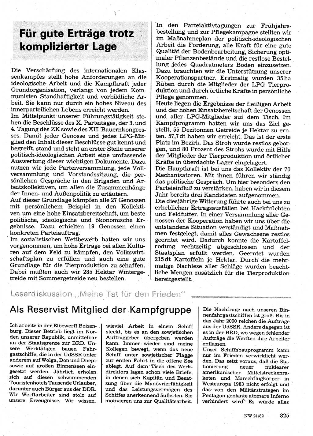 Neuer Weg (NW), Organ des Zentralkomitees (ZK) der SED (Sozialistische Einheitspartei Deutschlands) für Fragen des Parteilebens, 37. Jahrgang [Deutsche Demokratische Republik (DDR)] 1982, Seite 825 (NW ZK SED DDR 1982, S. 825)