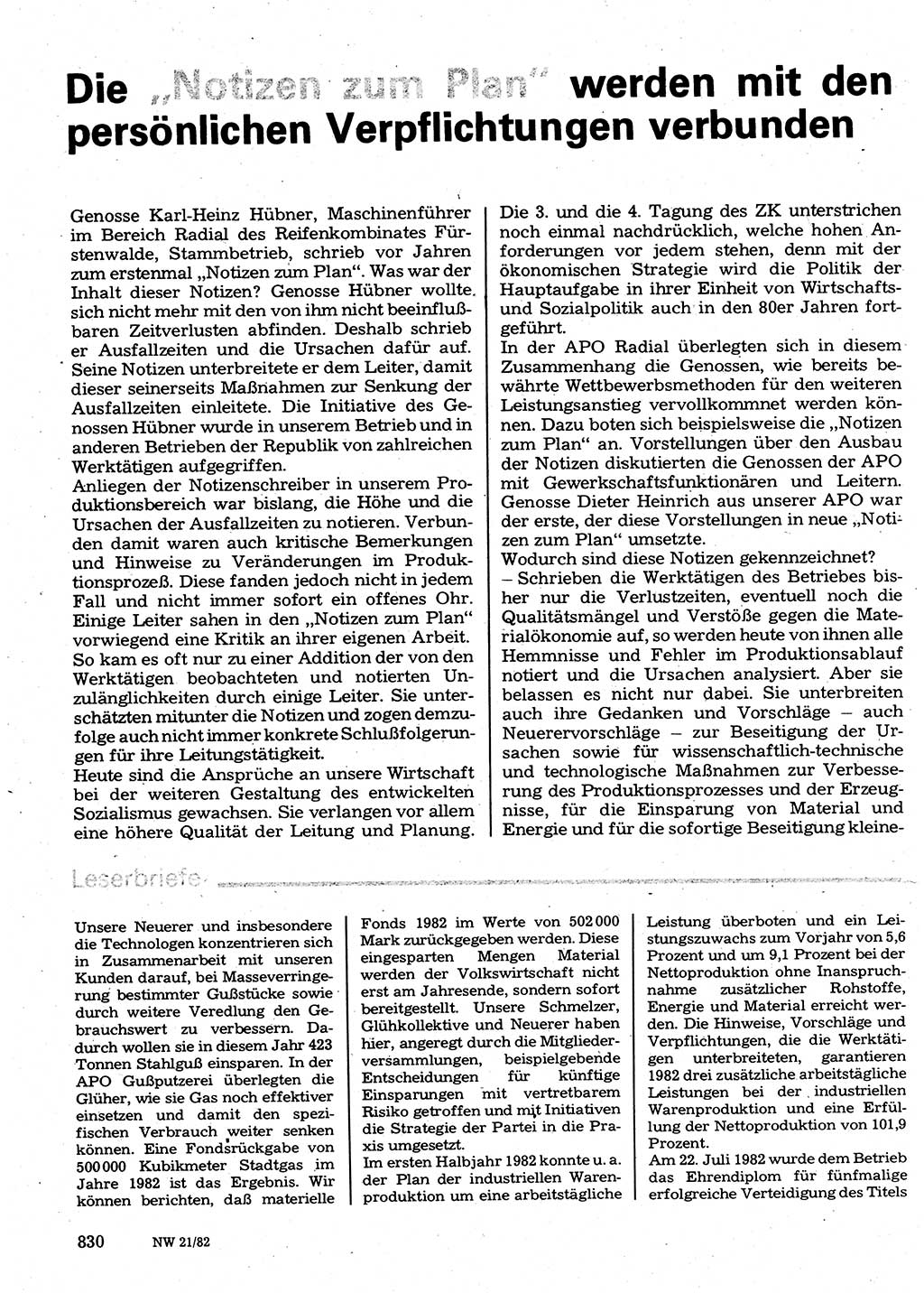 Neuer Weg (NW), Organ des Zentralkomitees (ZK) der SED (Sozialistische Einheitspartei Deutschlands) für Fragen des Parteilebens, 37. Jahrgang [Deutsche Demokratische Republik (DDR)] 1982, Seite 830 (NW ZK SED DDR 1982, S. 830)