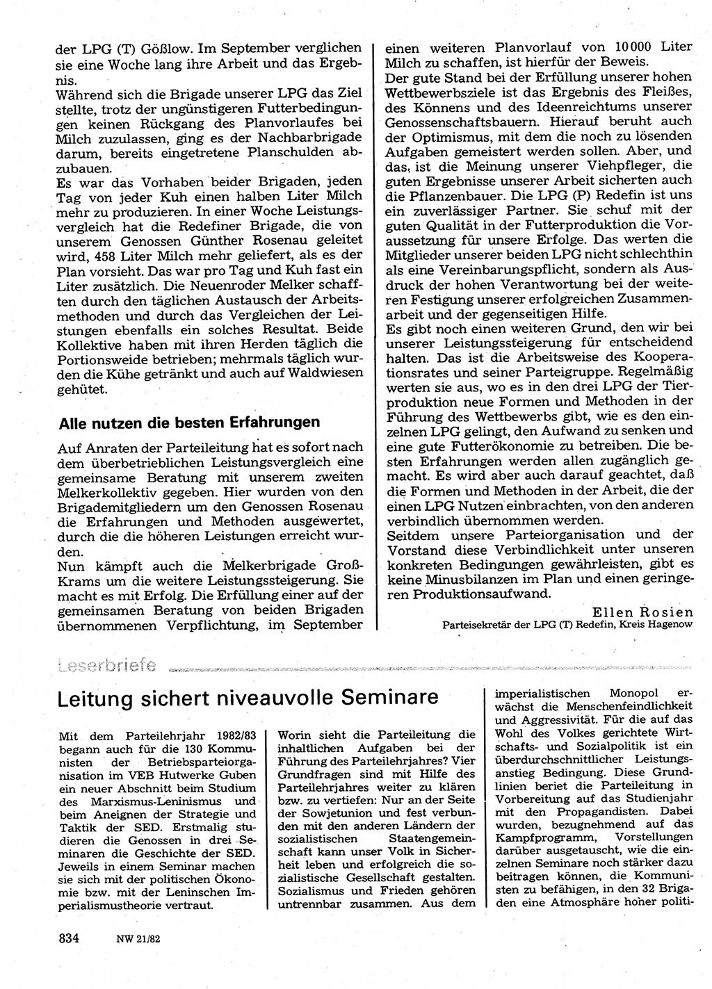 Neuer Weg (NW), Organ des Zentralkomitees (ZK) der SED (Sozialistische Einheitspartei Deutschlands) für Fragen des Parteilebens, 37. Jahrgang [Deutsche Demokratische Republik (DDR)] 1982, Seite 834 (NW ZK SED DDR 1982, S. 834)