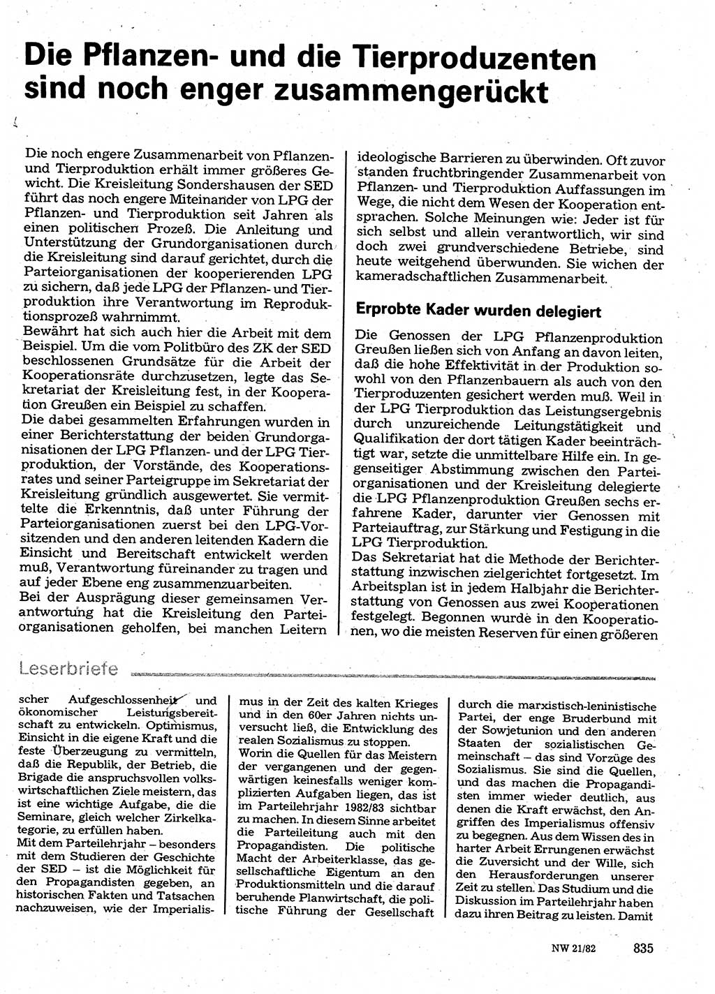 Neuer Weg (NW), Organ des Zentralkomitees (ZK) der SED (Sozialistische Einheitspartei Deutschlands) für Fragen des Parteilebens, 37. Jahrgang [Deutsche Demokratische Republik (DDR)] 1982, Seite 835 (NW ZK SED DDR 1982, S. 835)