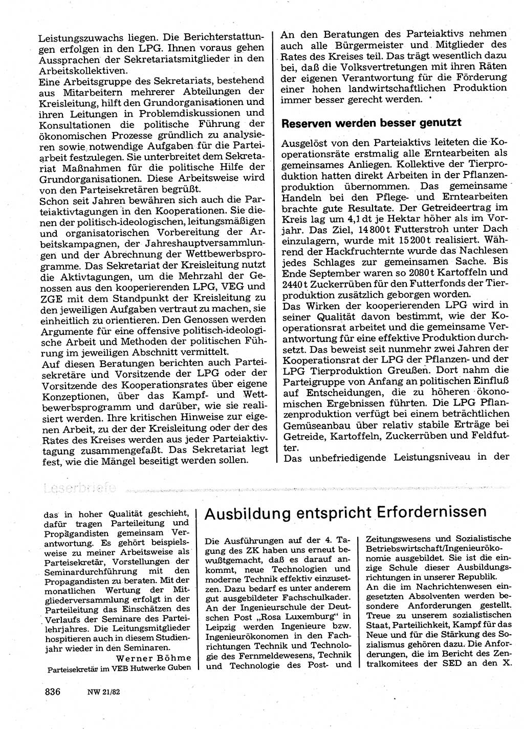 Neuer Weg (NW), Organ des Zentralkomitees (ZK) der SED (Sozialistische Einheitspartei Deutschlands) für Fragen des Parteilebens, 37. Jahrgang [Deutsche Demokratische Republik (DDR)] 1982, Seite 836 (NW ZK SED DDR 1982, S. 836)