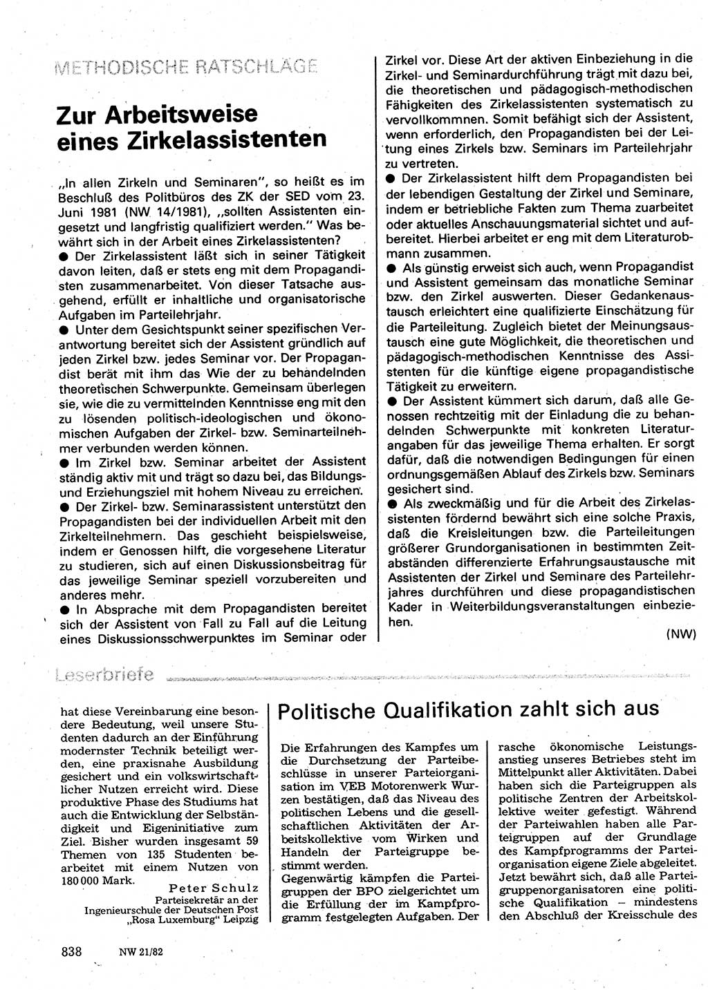 Neuer Weg (NW), Organ des Zentralkomitees (ZK) der SED (Sozialistische Einheitspartei Deutschlands) für Fragen des Parteilebens, 37. Jahrgang [Deutsche Demokratische Republik (DDR)] 1982, Seite 838 (NW ZK SED DDR 1982, S. 838)