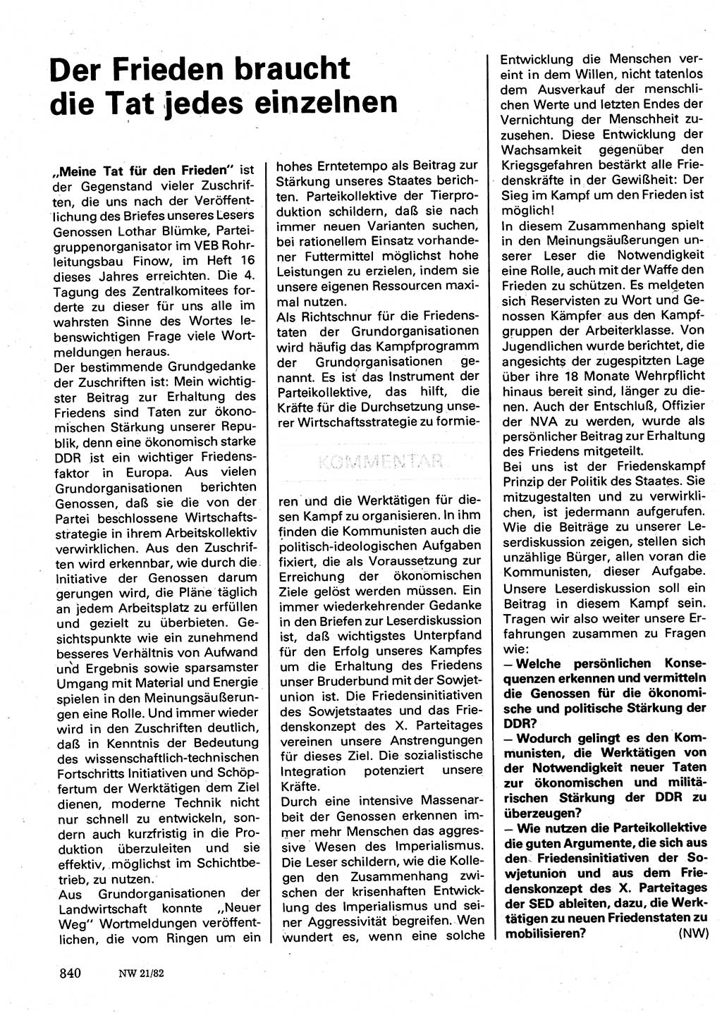 Neuer Weg (NW), Organ des Zentralkomitees (ZK) der SED (Sozialistische Einheitspartei Deutschlands) für Fragen des Parteilebens, 37. Jahrgang [Deutsche Demokratische Republik (DDR)] 1982, Seite 840 (NW ZK SED DDR 1982, S. 840)