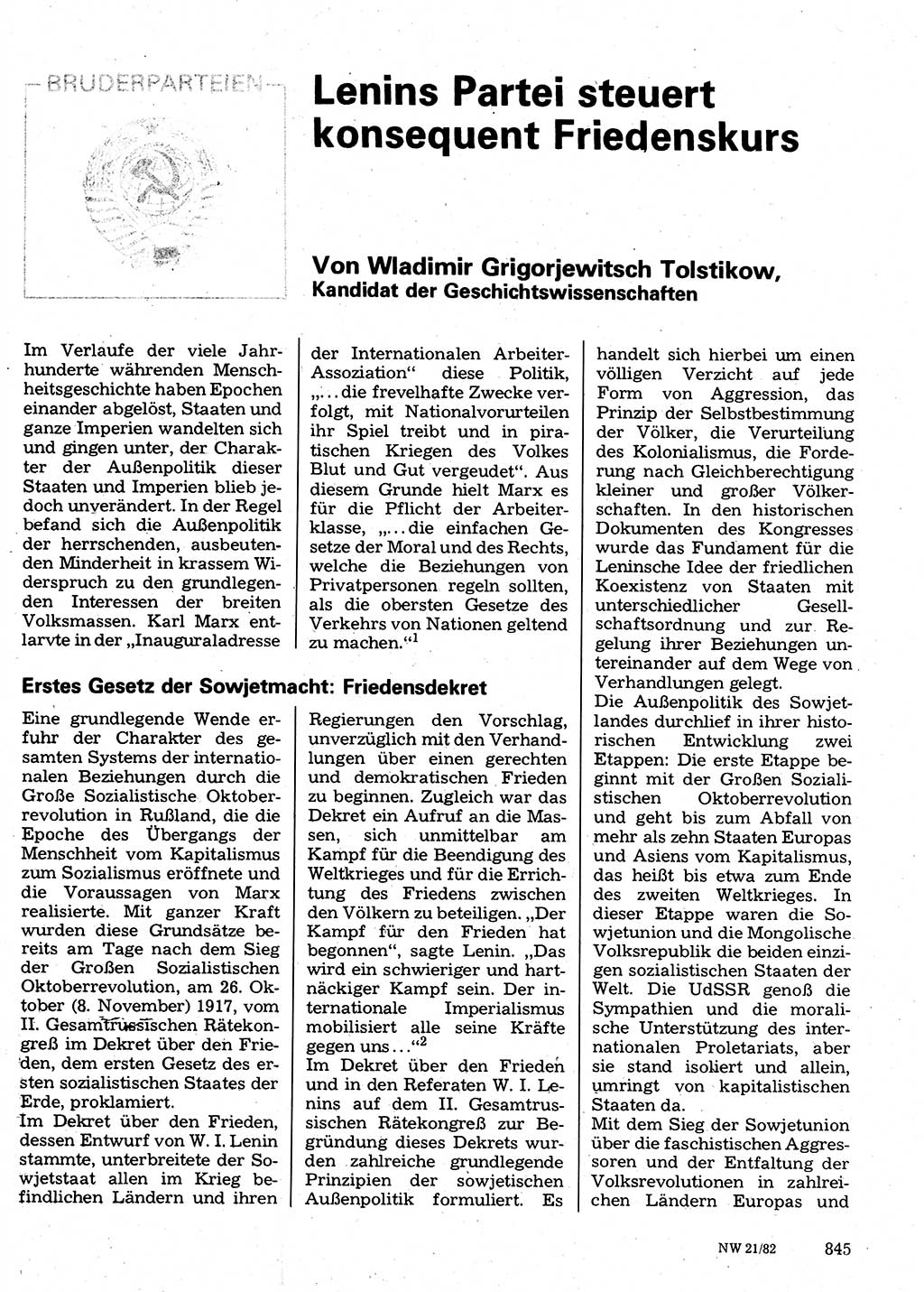 Neuer Weg (NW), Organ des Zentralkomitees (ZK) der SED (Sozialistische Einheitspartei Deutschlands) für Fragen des Parteilebens, 37. Jahrgang [Deutsche Demokratische Republik (DDR)] 1982, Seite 845 (NW ZK SED DDR 1982, S. 845)