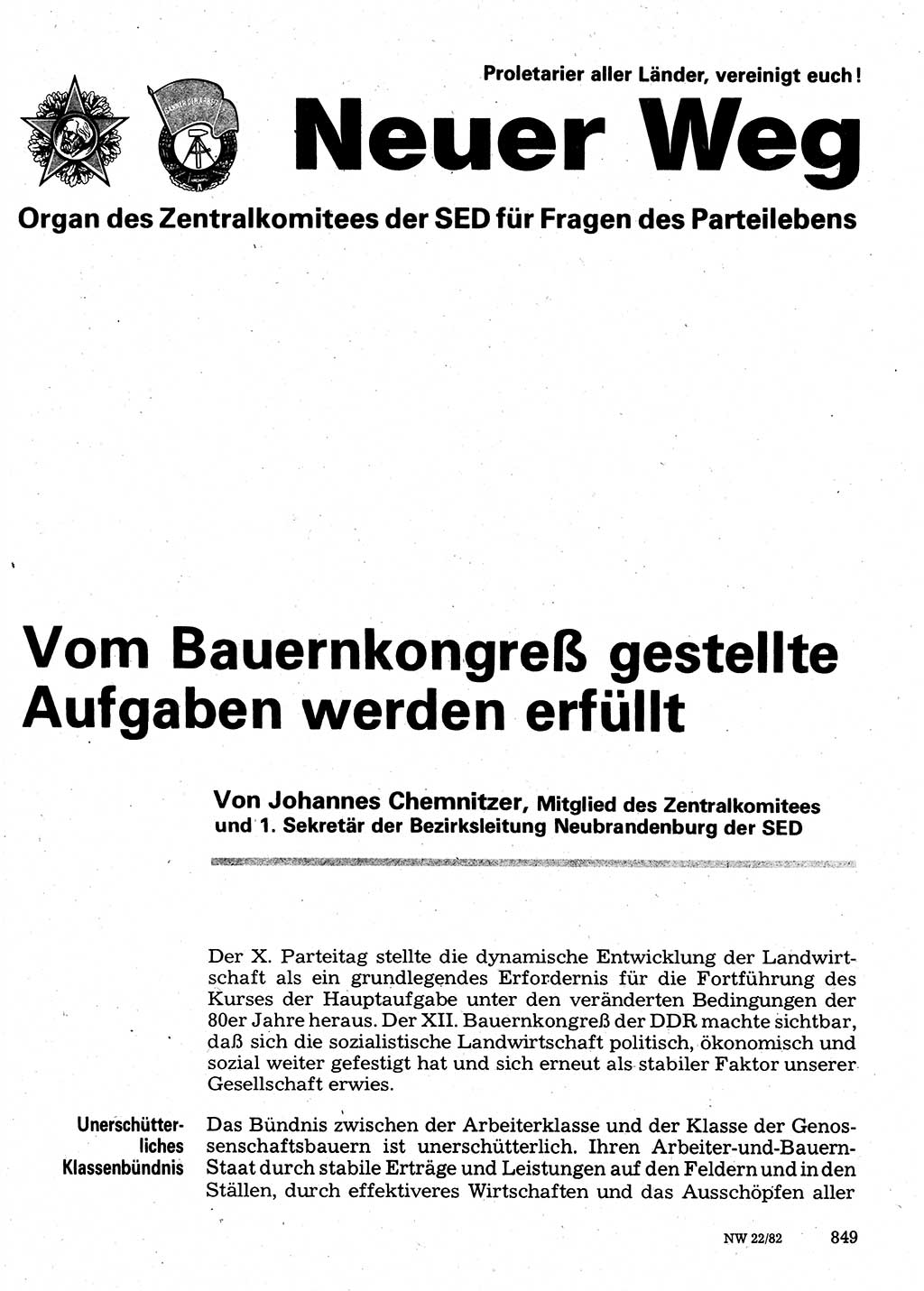 Neuer Weg (NW), Organ des Zentralkomitees (ZK) der SED (Sozialistische Einheitspartei Deutschlands) für Fragen des Parteilebens, 37. Jahrgang [Deutsche Demokratische Republik (DDR)] 1982, Seite 849 (NW ZK SED DDR 1982, S. 849)