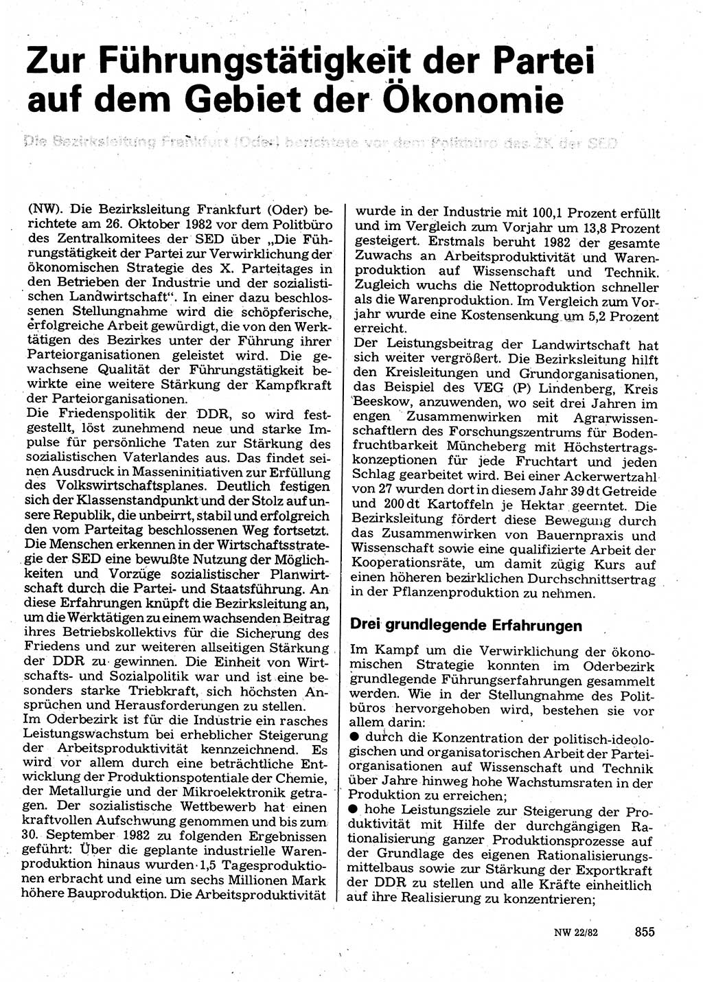 Neuer Weg (NW), Organ des Zentralkomitees (ZK) der SED (Sozialistische Einheitspartei Deutschlands) für Fragen des Parteilebens, 37. Jahrgang [Deutsche Demokratische Republik (DDR)] 1982, Seite 855 (NW ZK SED DDR 1982, S. 855)