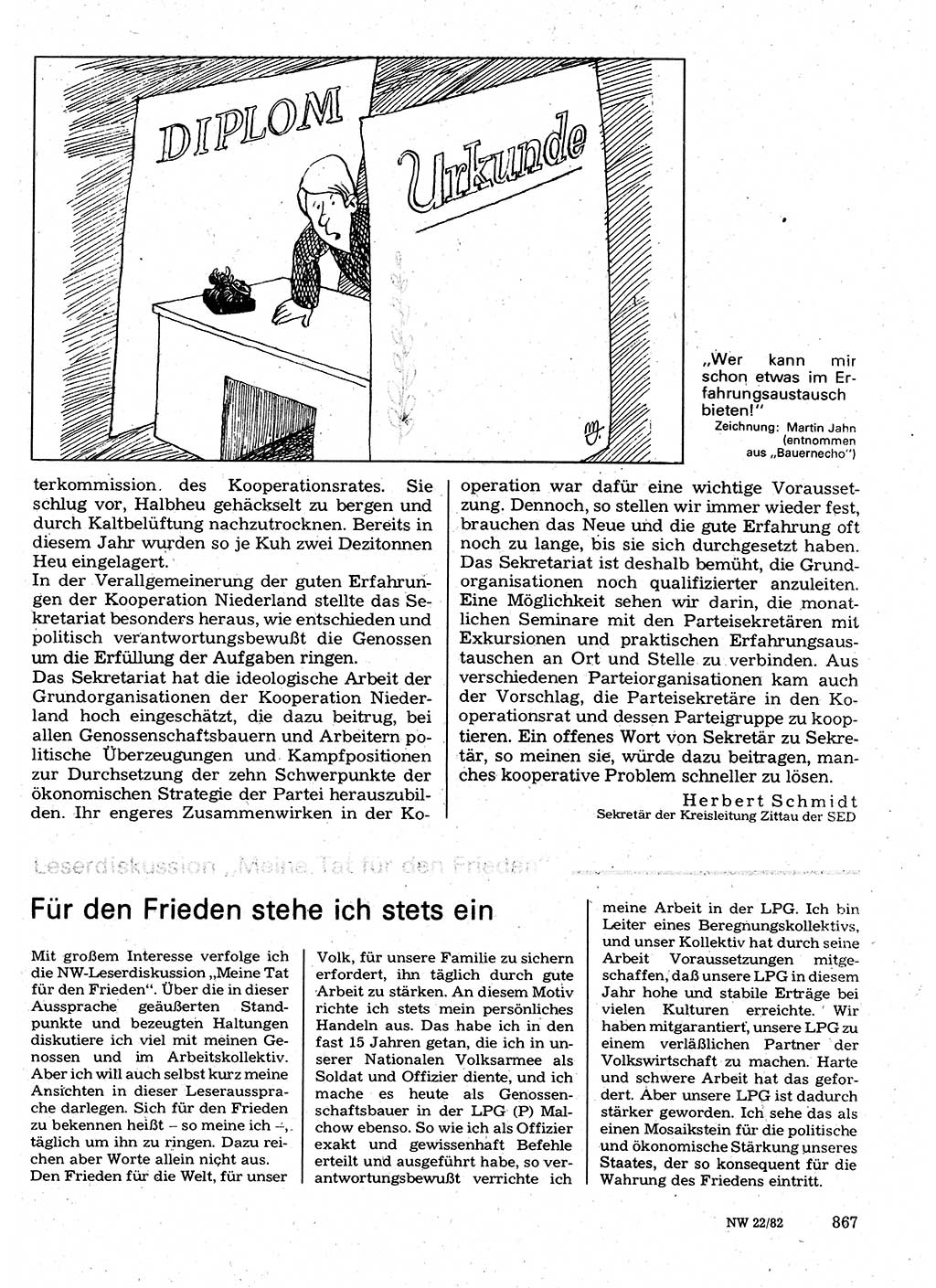Neuer Weg (NW), Organ des Zentralkomitees (ZK) der SED (Sozialistische Einheitspartei Deutschlands) für Fragen des Parteilebens, 37. Jahrgang [Deutsche Demokratische Republik (DDR)] 1982, Seite 867 (NW ZK SED DDR 1982, S. 867)
