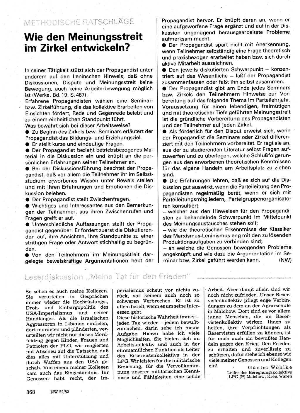 Neuer Weg (NW), Organ des Zentralkomitees (ZK) der SED (Sozialistische Einheitspartei Deutschlands) für Fragen des Parteilebens, 37. Jahrgang [Deutsche Demokratische Republik (DDR)] 1982, Seite 868 (NW ZK SED DDR 1982, S. 868)