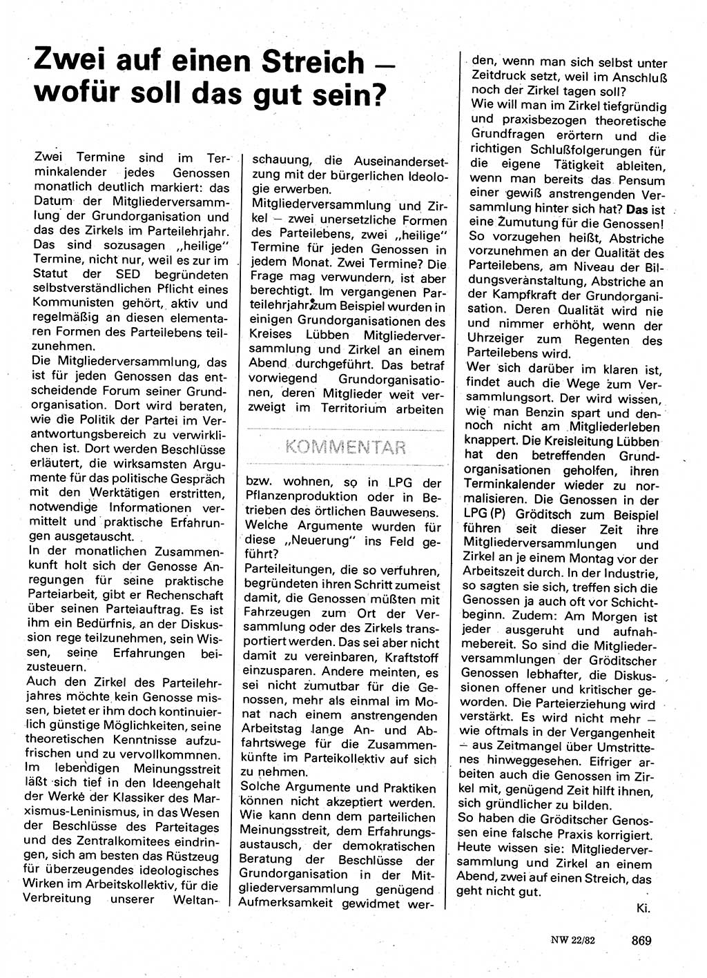 Neuer Weg (NW), Organ des Zentralkomitees (ZK) der SED (Sozialistische Einheitspartei Deutschlands) für Fragen des Parteilebens, 37. Jahrgang [Deutsche Demokratische Republik (DDR)] 1982, Seite 869 (NW ZK SED DDR 1982, S. 869)