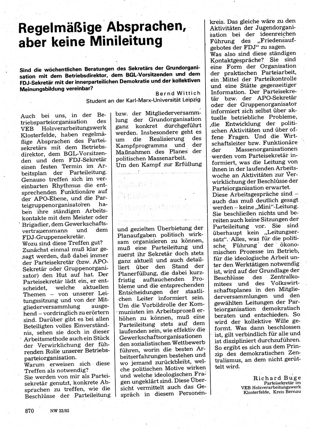 Neuer Weg (NW), Organ des Zentralkomitees (ZK) der SED (Sozialistische Einheitspartei Deutschlands) für Fragen des Parteilebens, 37. Jahrgang [Deutsche Demokratische Republik (DDR)] 1982, Seite 870 (NW ZK SED DDR 1982, S. 870)