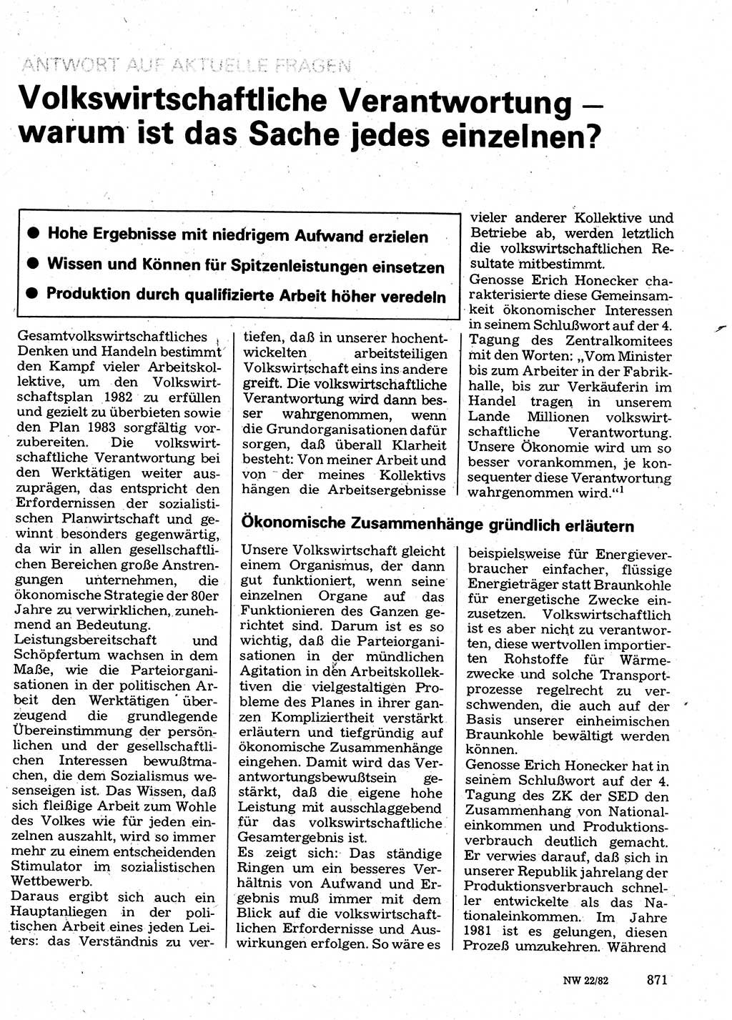 Neuer Weg (NW), Organ des Zentralkomitees (ZK) der SED (Sozialistische Einheitspartei Deutschlands) für Fragen des Parteilebens, 37. Jahrgang [Deutsche Demokratische Republik (DDR)] 1982, Seite 871 (NW ZK SED DDR 1982, S. 871)