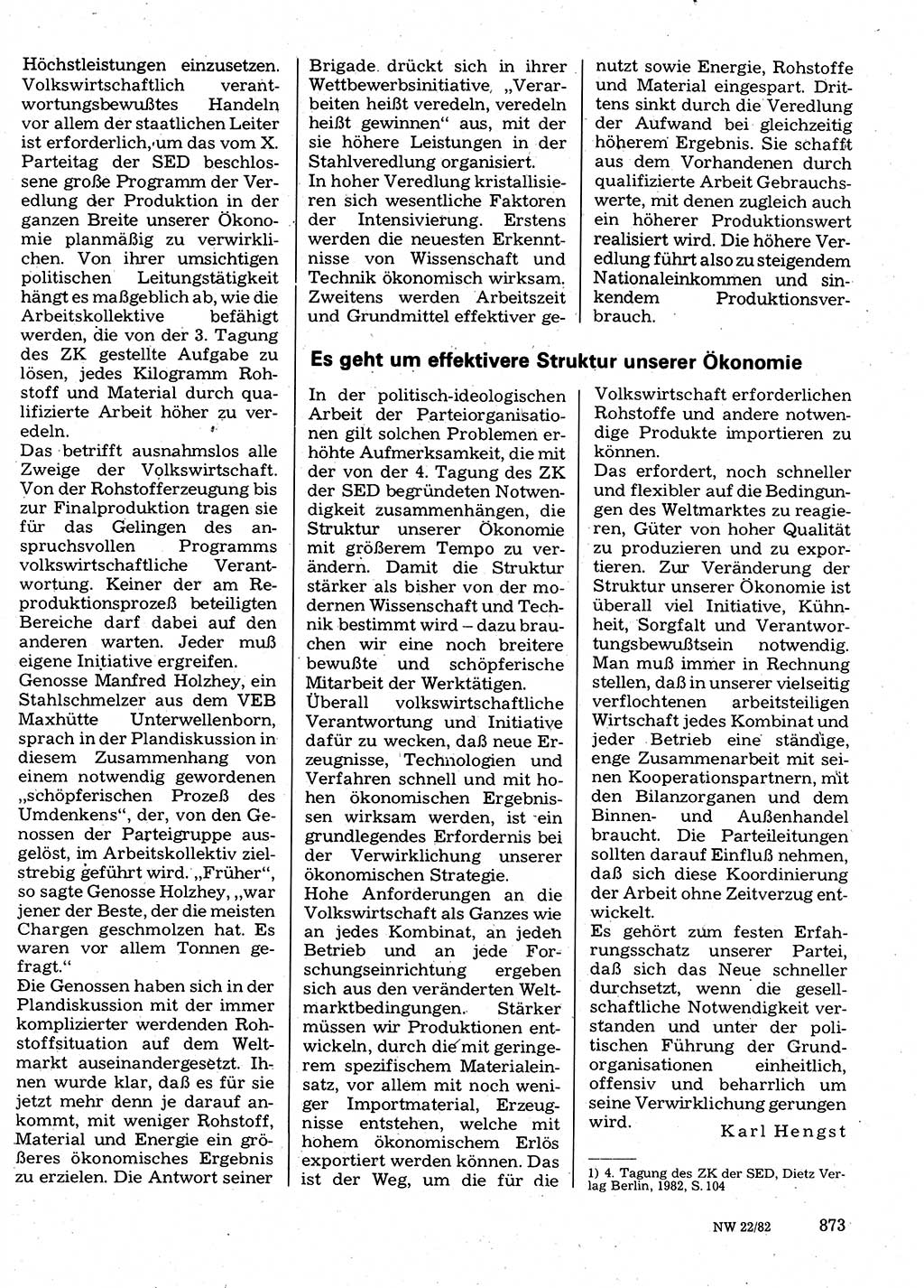Neuer Weg (NW), Organ des Zentralkomitees (ZK) der SED (Sozialistische Einheitspartei Deutschlands) für Fragen des Parteilebens, 37. Jahrgang [Deutsche Demokratische Republik (DDR)] 1982, Seite 873 (NW ZK SED DDR 1982, S. 873)