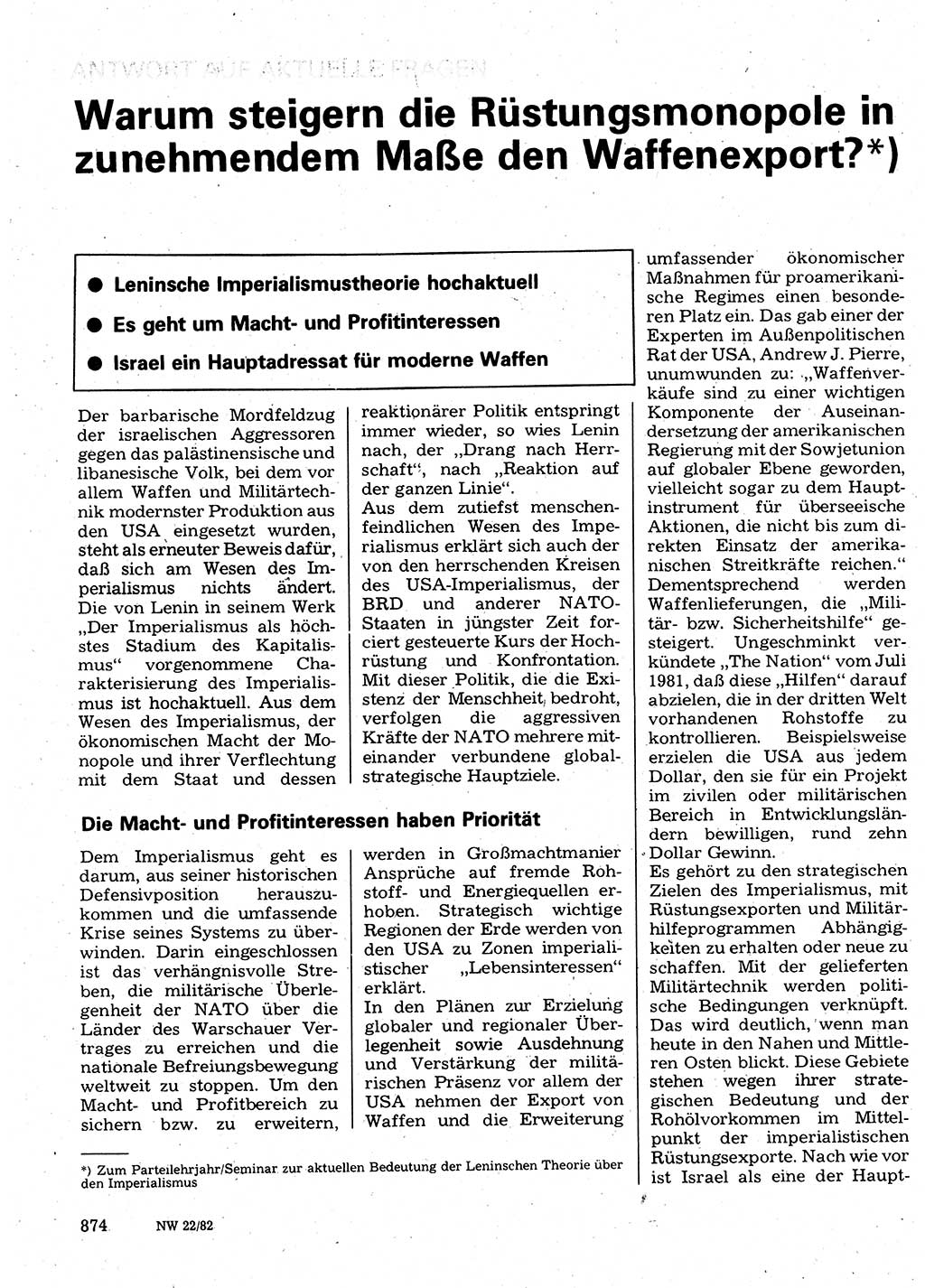 Neuer Weg (NW), Organ des Zentralkomitees (ZK) der SED (Sozialistische Einheitspartei Deutschlands) für Fragen des Parteilebens, 37. Jahrgang [Deutsche Demokratische Republik (DDR)] 1982, Seite 874 (NW ZK SED DDR 1982, S. 874)
