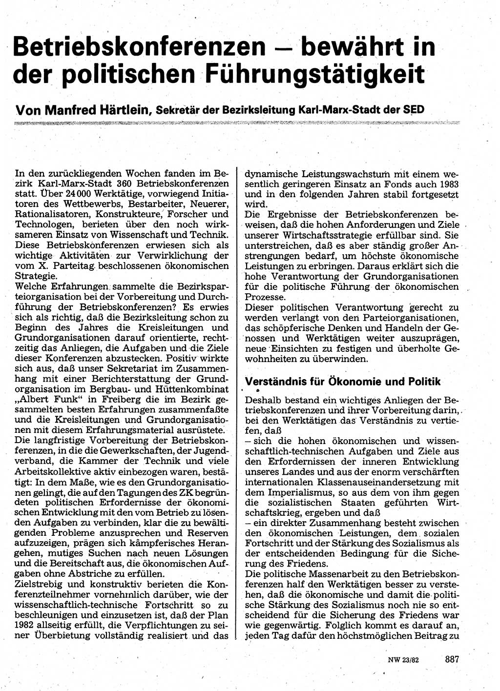 Neuer Weg (NW), Organ des Zentralkomitees (ZK) der SED (Sozialistische Einheitspartei Deutschlands) für Fragen des Parteilebens, 37. Jahrgang [Deutsche Demokratische Republik (DDR)] 1982, Seite 887 (NW ZK SED DDR 1982, S. 887)