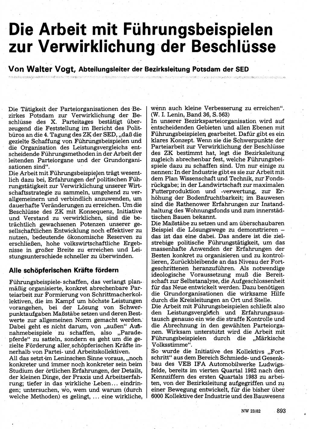 Neuer Weg (NW), Organ des Zentralkomitees (ZK) der SED (Sozialistische Einheitspartei Deutschlands) für Fragen des Parteilebens, 37. Jahrgang [Deutsche Demokratische Republik (DDR)] 1982, Seite 893 (NW ZK SED DDR 1982, S. 893)