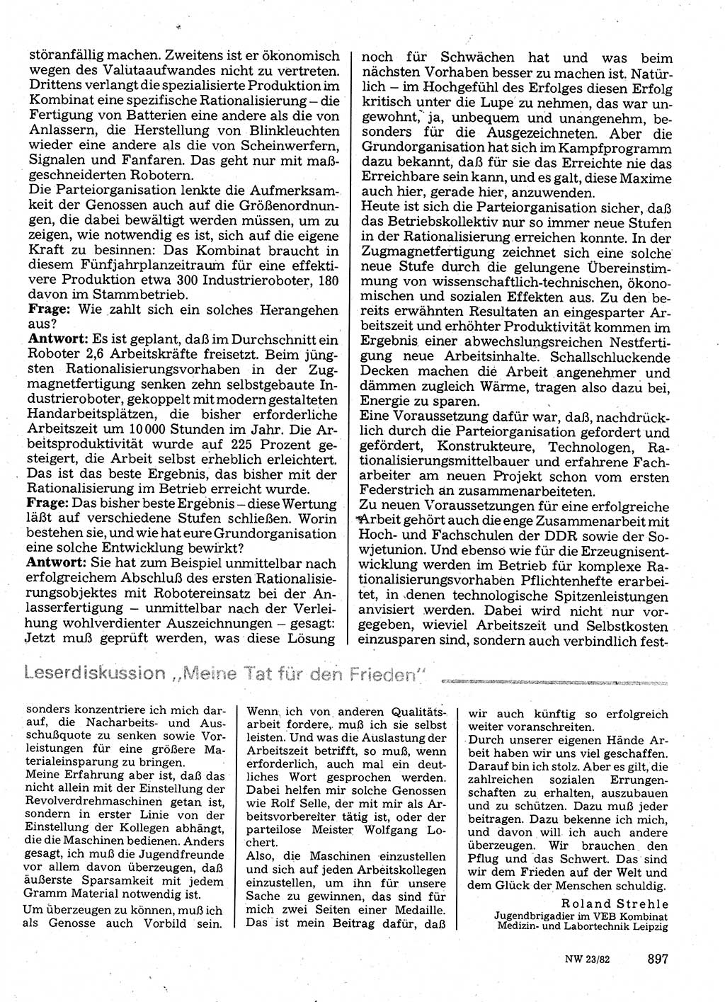 Neuer Weg (NW), Organ des Zentralkomitees (ZK) der SED (Sozialistische Einheitspartei Deutschlands) für Fragen des Parteilebens, 37. Jahrgang [Deutsche Demokratische Republik (DDR)] 1982, Seite 897 (NW ZK SED DDR 1982, S. 897)