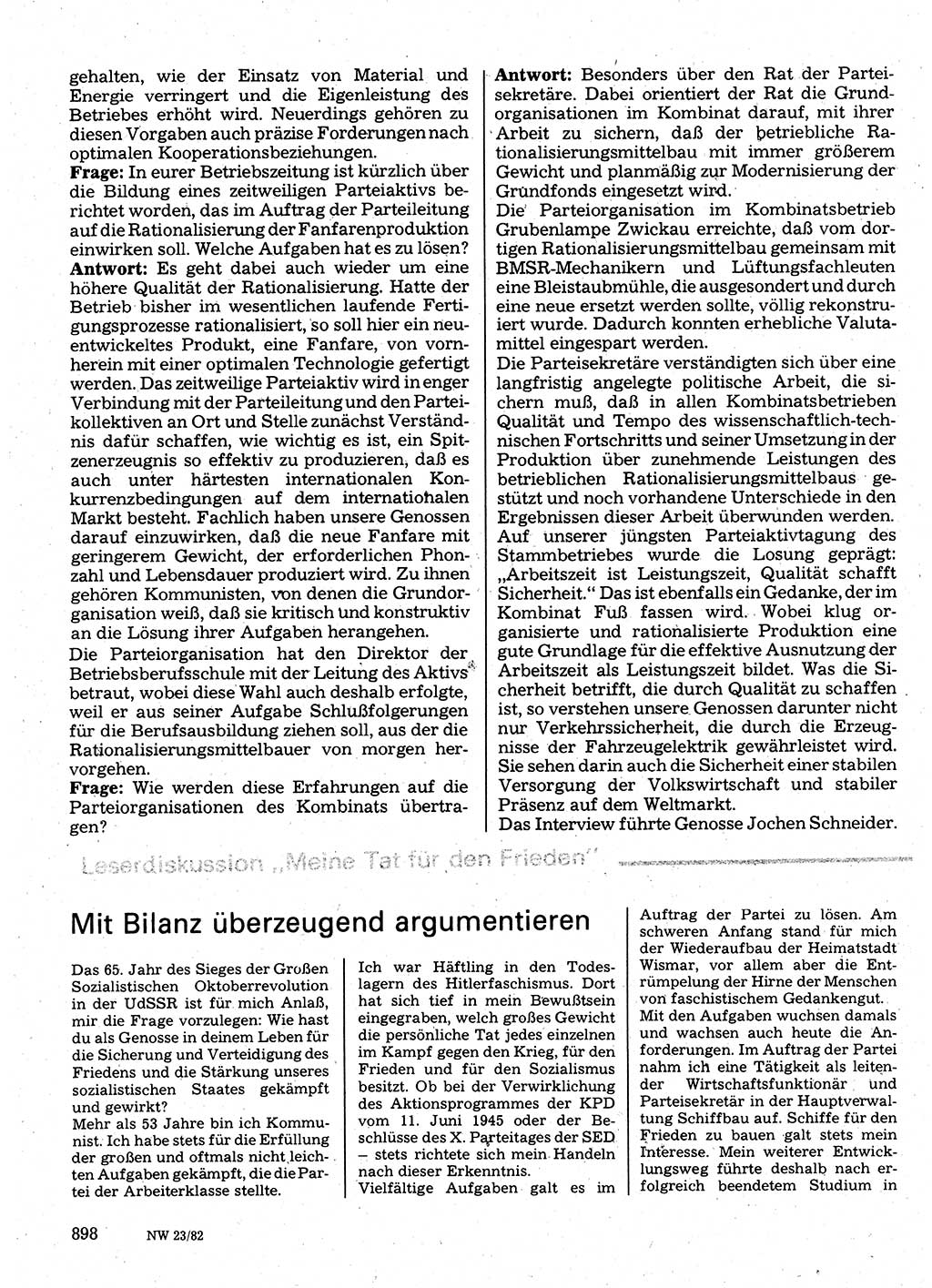 Neuer Weg (NW), Organ des Zentralkomitees (ZK) der SED (Sozialistische Einheitspartei Deutschlands) für Fragen des Parteilebens, 37. Jahrgang [Deutsche Demokratische Republik (DDR)] 1982, Seite 898 (NW ZK SED DDR 1982, S. 898)