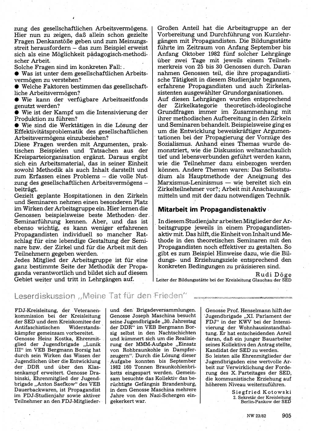 Neuer Weg (NW), Organ des Zentralkomitees (ZK) der SED (Sozialistische Einheitspartei Deutschlands) für Fragen des Parteilebens, 37. Jahrgang [Deutsche Demokratische Republik (DDR)] 1982, Seite 905 (NW ZK SED DDR 1982, S. 905)