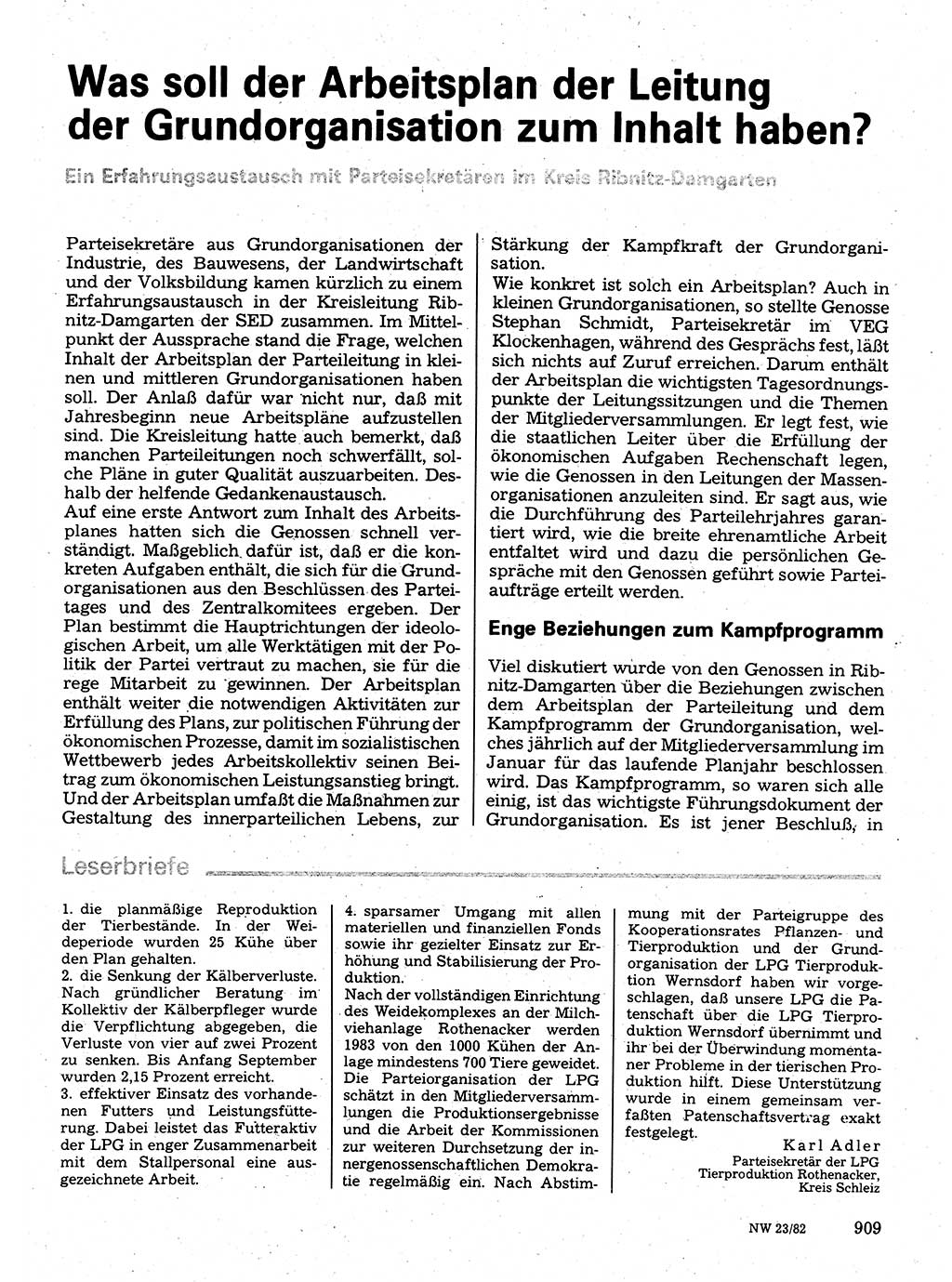 Neuer Weg (NW), Organ des Zentralkomitees (ZK) der SED (Sozialistische Einheitspartei Deutschlands) für Fragen des Parteilebens, 37. Jahrgang [Deutsche Demokratische Republik (DDR)] 1982, Seite 909 (NW ZK SED DDR 1982, S. 909)