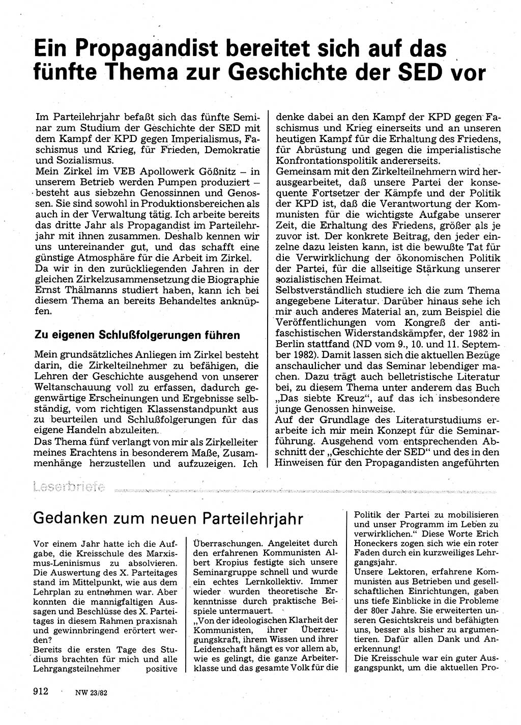 Neuer Weg (NW), Organ des Zentralkomitees (ZK) der SED (Sozialistische Einheitspartei Deutschlands) für Fragen des Parteilebens, 37. Jahrgang [Deutsche Demokratische Republik (DDR)] 1982, Seite 912 (NW ZK SED DDR 1982, S. 912)