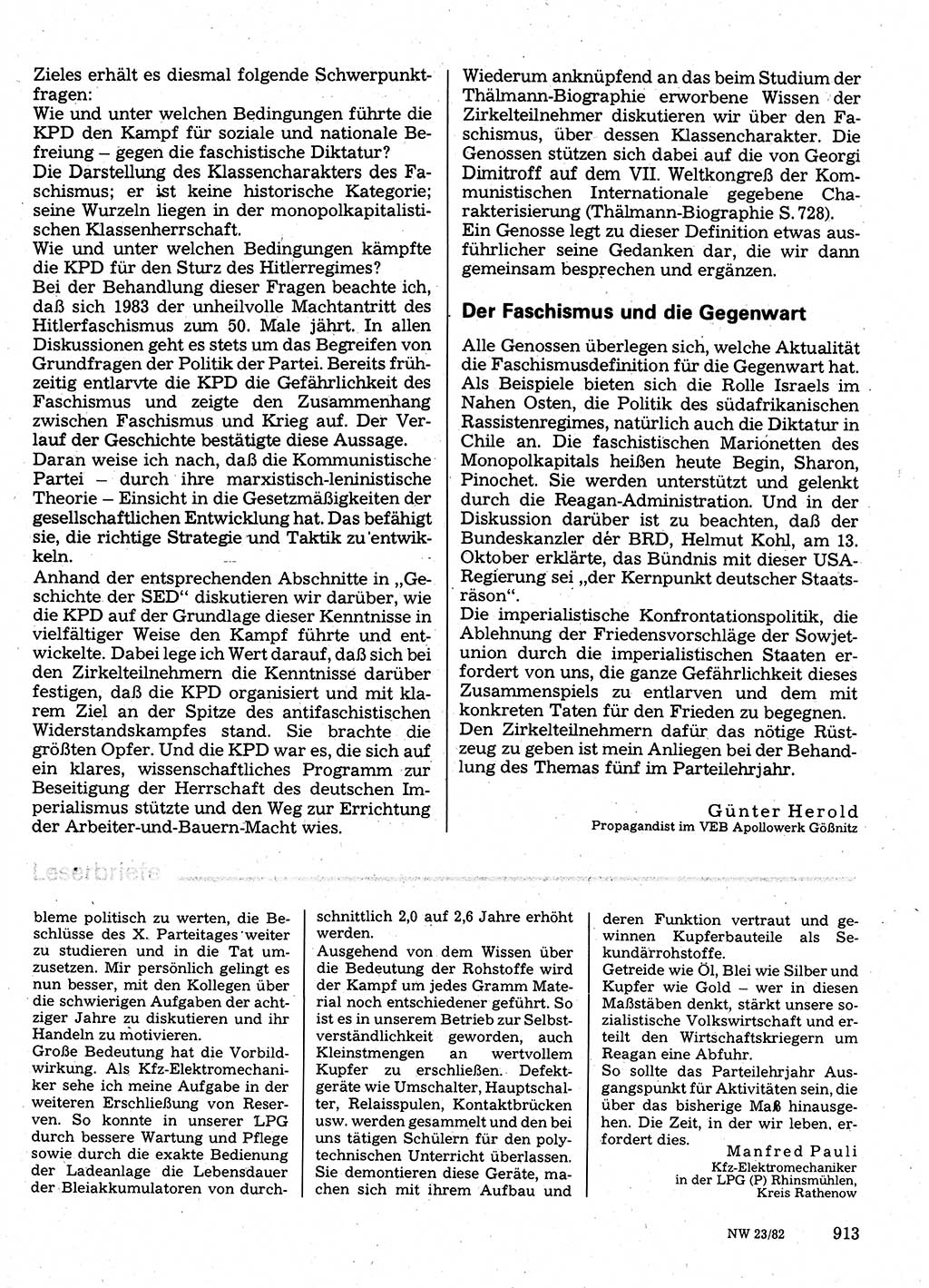 Neuer Weg (NW), Organ des Zentralkomitees (ZK) der SED (Sozialistische Einheitspartei Deutschlands) für Fragen des Parteilebens, 37. Jahrgang [Deutsche Demokratische Republik (DDR)] 1982, Seite 913 (NW ZK SED DDR 1982, S. 913)