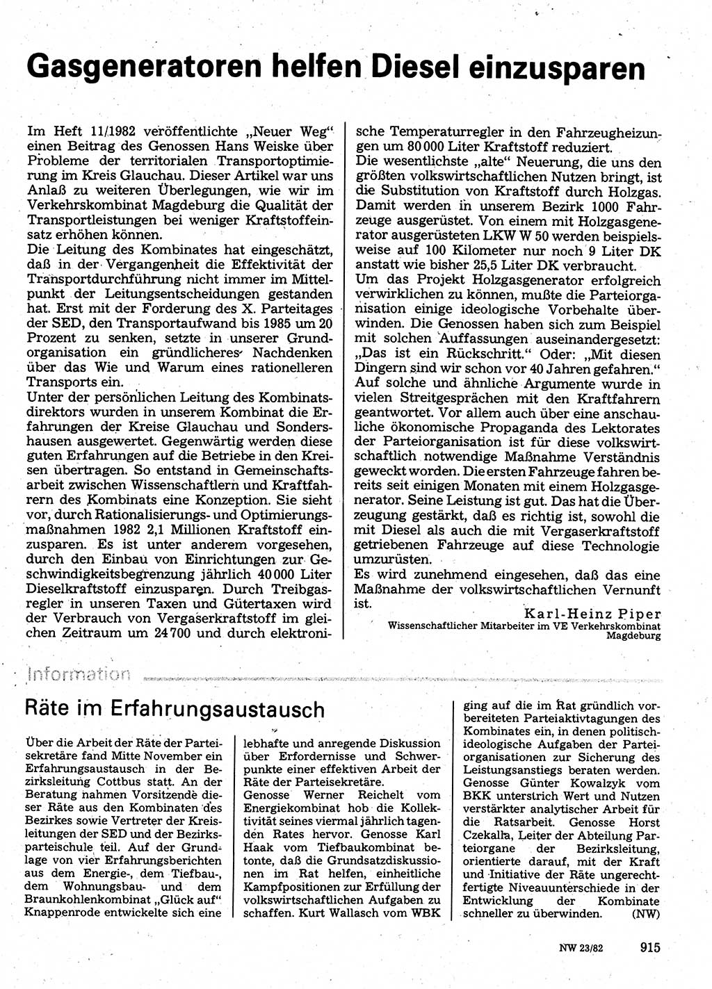 Neuer Weg (NW), Organ des Zentralkomitees (ZK) der SED (Sozialistische Einheitspartei Deutschlands) für Fragen des Parteilebens, 37. Jahrgang [Deutsche Demokratische Republik (DDR)] 1982, Seite 915 (NW ZK SED DDR 1982, S. 915)
