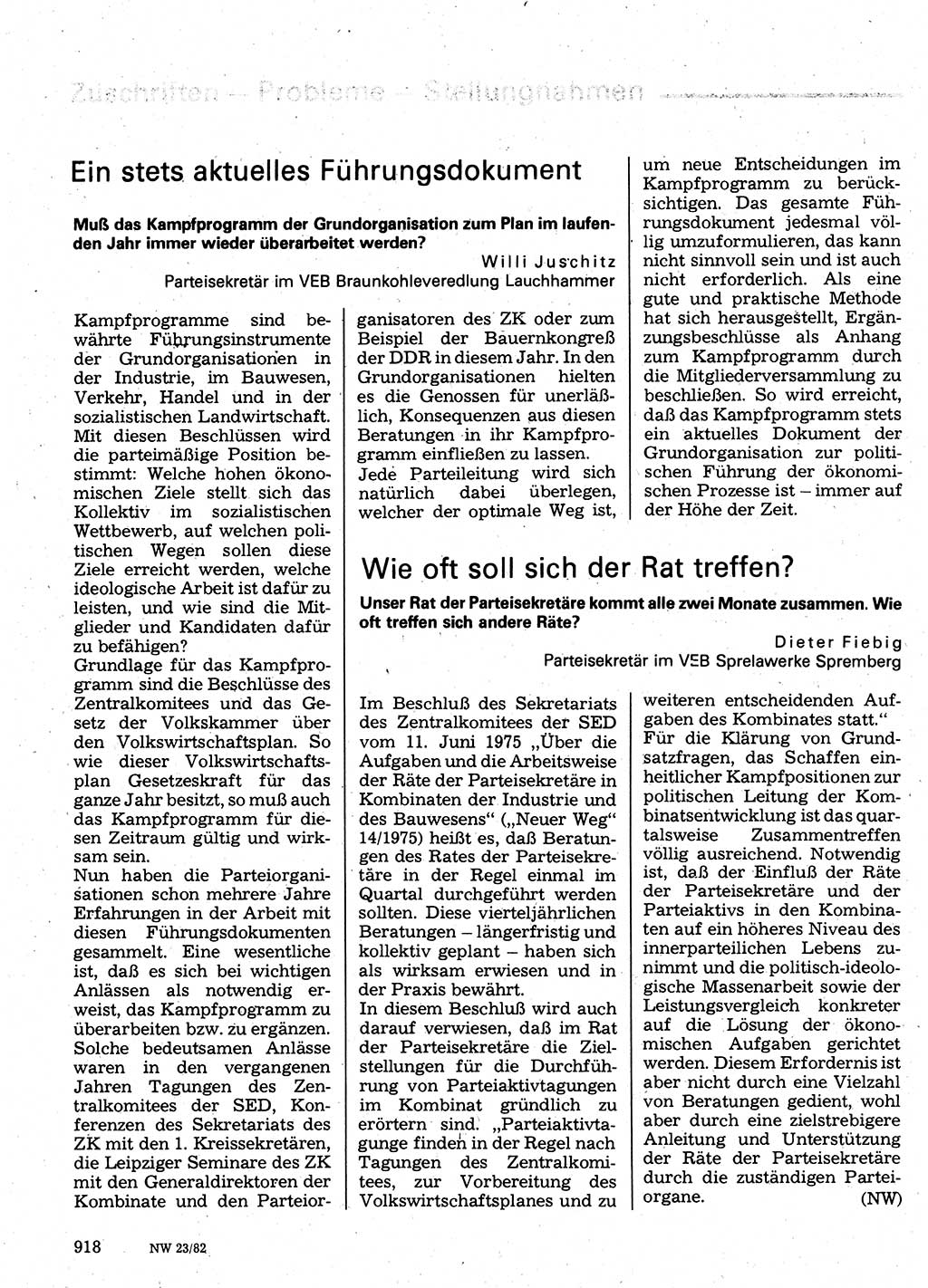 Neuer Weg (NW), Organ des Zentralkomitees (ZK) der SED (Sozialistische Einheitspartei Deutschlands) für Fragen des Parteilebens, 37. Jahrgang [Deutsche Demokratische Republik (DDR)] 1982, Seite 918 (NW ZK SED DDR 1982, S. 918)