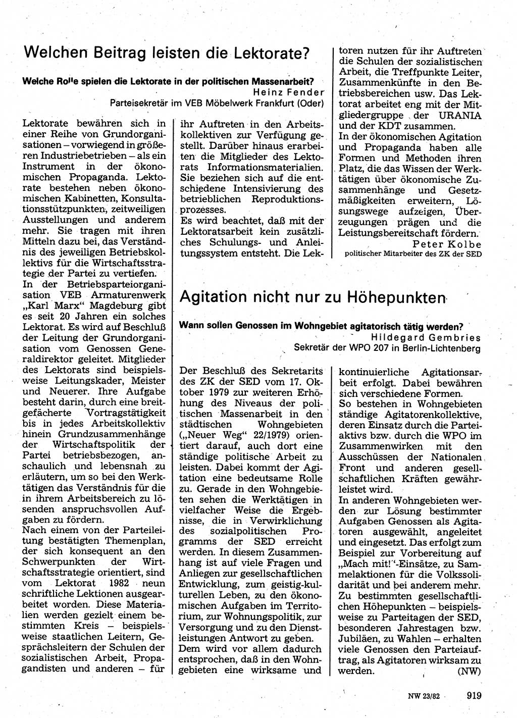 Neuer Weg (NW), Organ des Zentralkomitees (ZK) der SED (Sozialistische Einheitspartei Deutschlands) für Fragen des Parteilebens, 37. Jahrgang [Deutsche Demokratische Republik (DDR)] 1982, Seite 919 (NW ZK SED DDR 1982, S. 919)