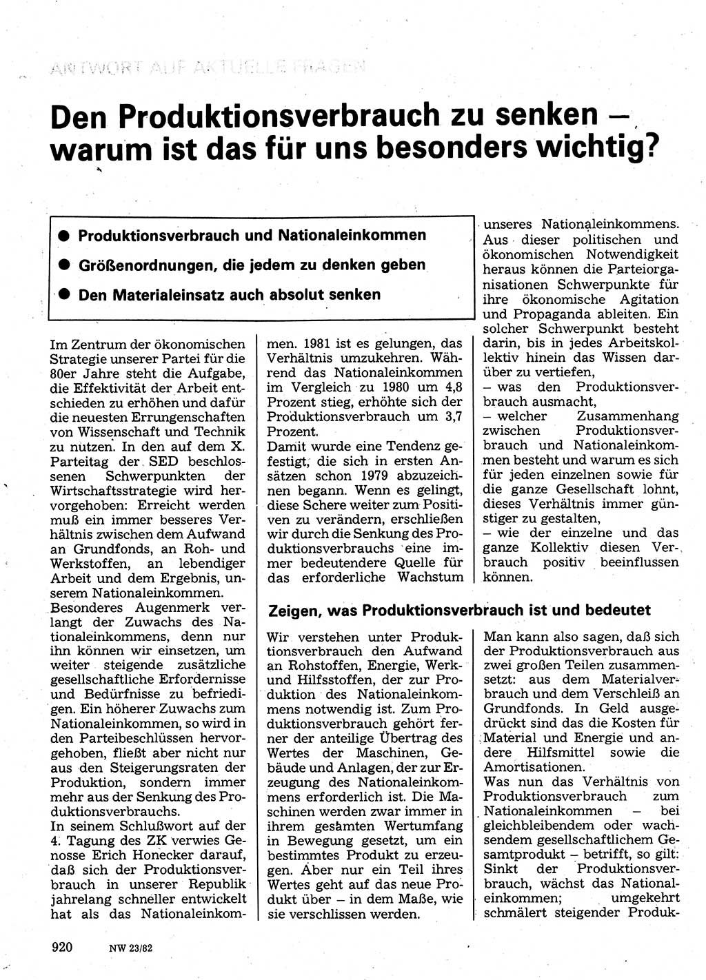 Neuer Weg (NW), Organ des Zentralkomitees (ZK) der SED (Sozialistische Einheitspartei Deutschlands) für Fragen des Parteilebens, 37. Jahrgang [Deutsche Demokratische Republik (DDR)] 1982, Seite 920 (NW ZK SED DDR 1982, S. 920)