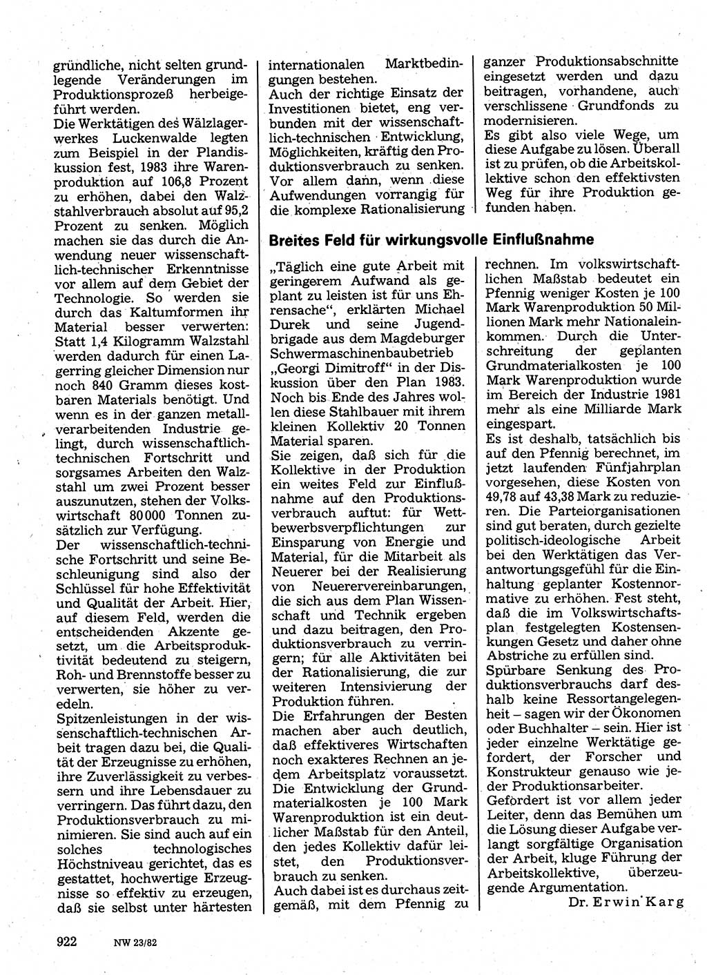 Neuer Weg (NW), Organ des Zentralkomitees (ZK) der SED (Sozialistische Einheitspartei Deutschlands) für Fragen des Parteilebens, 37. Jahrgang [Deutsche Demokratische Republik (DDR)] 1982, Seite 922 (NW ZK SED DDR 1982, S. 922)