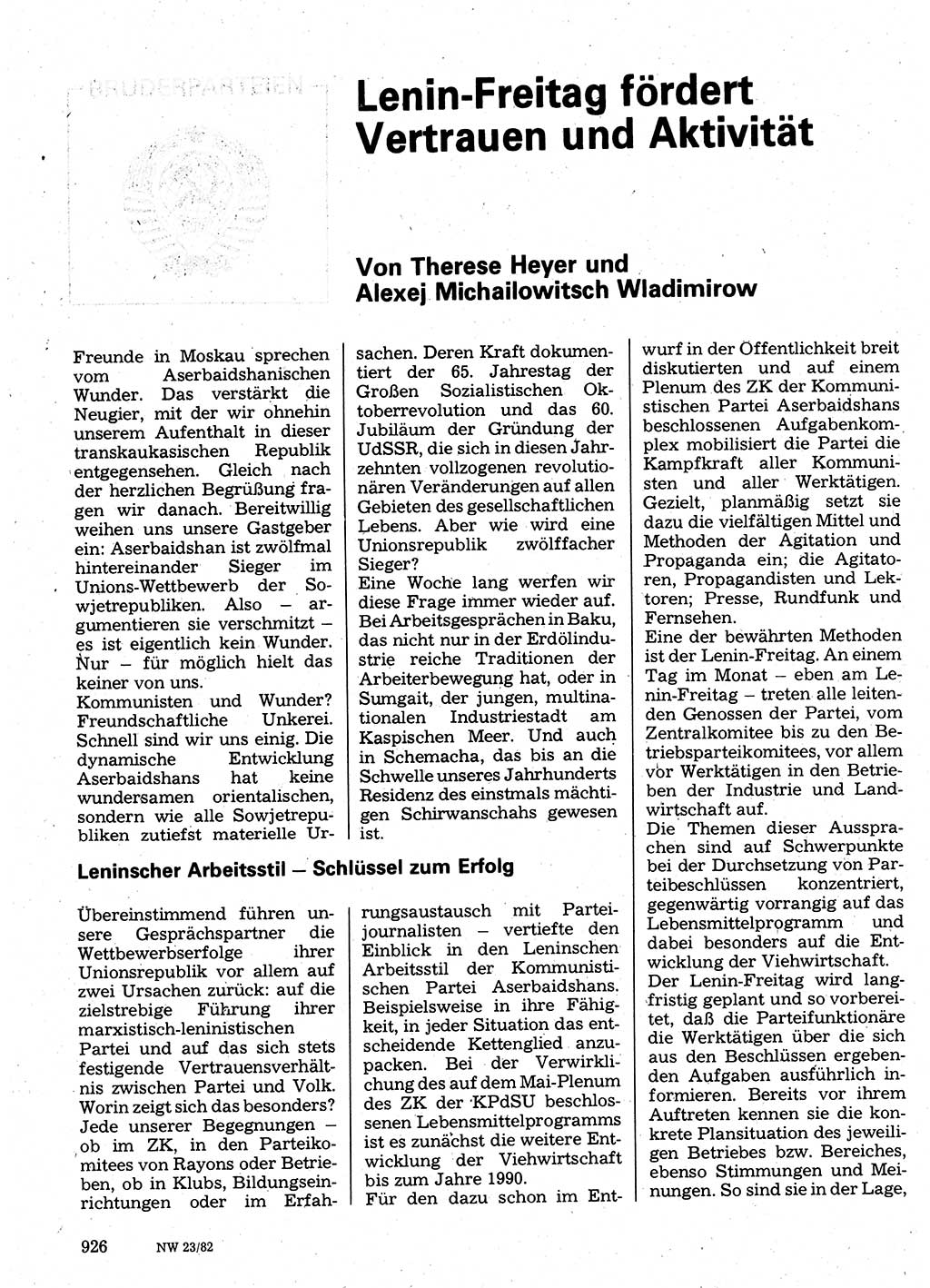Neuer Weg (NW), Organ des Zentralkomitees (ZK) der SED (Sozialistische Einheitspartei Deutschlands) für Fragen des Parteilebens, 37. Jahrgang [Deutsche Demokratische Republik (DDR)] 1982, Seite 926 (NW ZK SED DDR 1982, S. 926)