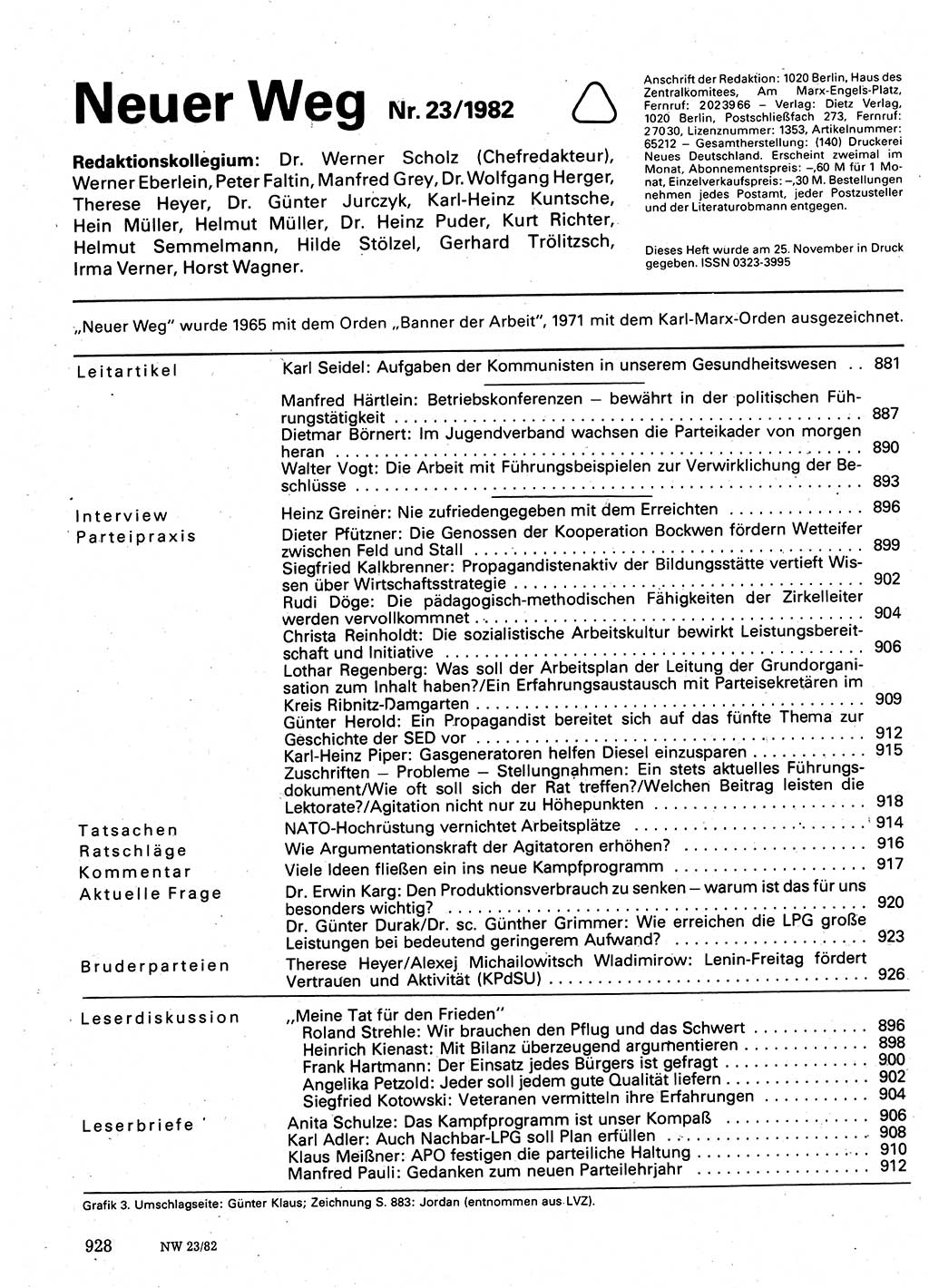 Neuer Weg (NW), Organ des Zentralkomitees (ZK) der SED (Sozialistische Einheitspartei Deutschlands) für Fragen des Parteilebens, 37. Jahrgang [Deutsche Demokratische Republik (DDR)] 1982, Seite 928 (NW ZK SED DDR 1982, S. 928)