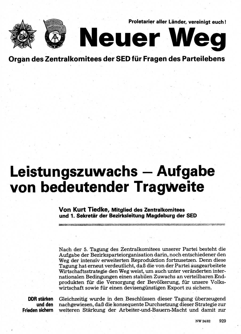 Neuer Weg (NW), Organ des Zentralkomitees (ZK) der SED (Sozialistische Einheitspartei Deutschlands) für Fragen des Parteilebens, 37. Jahrgang [Deutsche Demokratische Republik (DDR)] 1982, Seite 929 (NW ZK SED DDR 1982, S. 929)