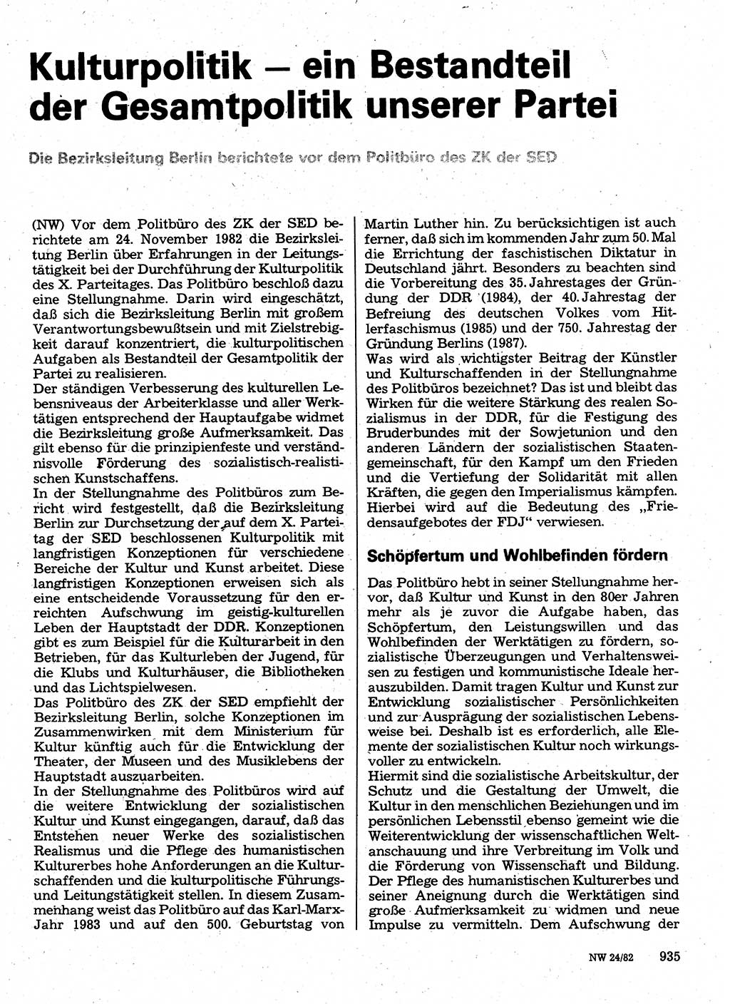 Neuer Weg (NW), Organ des Zentralkomitees (ZK) der SED (Sozialistische Einheitspartei Deutschlands) für Fragen des Parteilebens, 37. Jahrgang [Deutsche Demokratische Republik (DDR)] 1982, Seite 935 (NW ZK SED DDR 1982, S. 935)