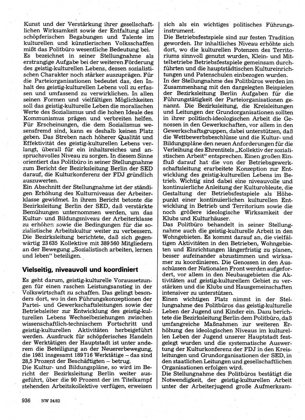 Neuer Weg (NW), Organ des Zentralkomitees (ZK) der SED (Sozialistische Einheitspartei Deutschlands) für Fragen des Parteilebens, 37. Jahrgang [Deutsche Demokratische Republik (DDR)] 1982, Seite 936 (NW ZK SED DDR 1982, S. 936)