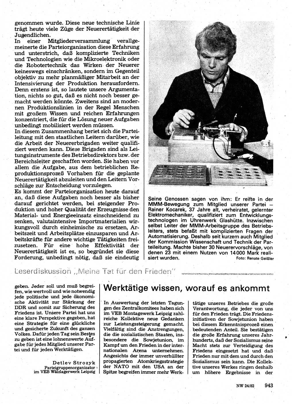 Neuer Weg (NW), Organ des Zentralkomitees (ZK) der SED (Sozialistische Einheitspartei Deutschlands) für Fragen des Parteilebens, 37. Jahrgang [Deutsche Demokratische Republik (DDR)] 1982, Seite 943 (NW ZK SED DDR 1982, S. 943)