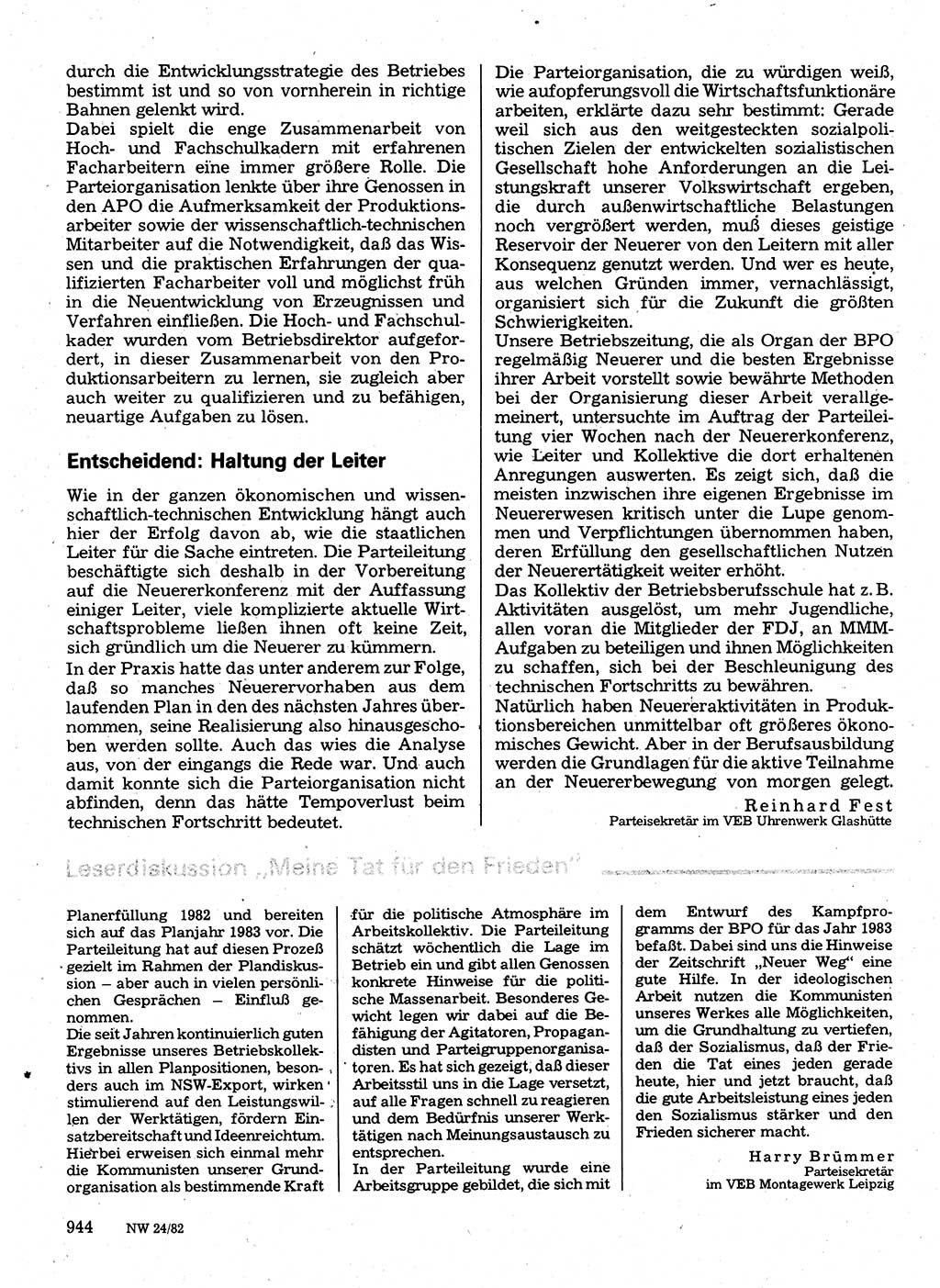 Neuer Weg (NW), Organ des Zentralkomitees (ZK) der SED (Sozialistische Einheitspartei Deutschlands) für Fragen des Parteilebens, 37. Jahrgang [Deutsche Demokratische Republik (DDR)] 1982, Seite 944 (NW ZK SED DDR 1982, S. 944)