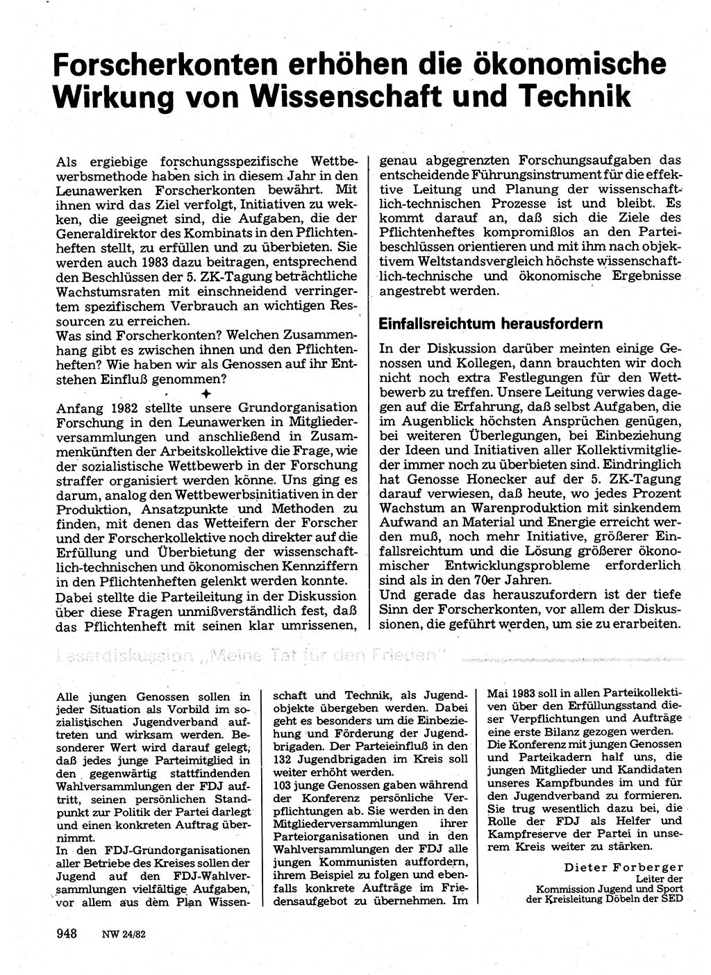 Neuer Weg (NW), Organ des Zentralkomitees (ZK) der SED (Sozialistische Einheitspartei Deutschlands) für Fragen des Parteilebens, 37. Jahrgang [Deutsche Demokratische Republik (DDR)] 1982, Seite 948 (NW ZK SED DDR 1982, S. 948)