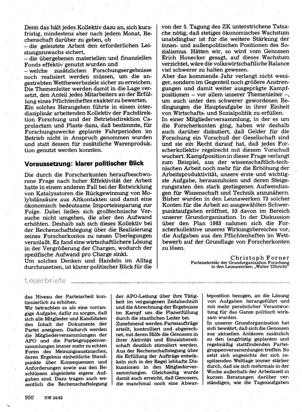 Neuer Weg (NW), Organ des Zentralkomitees (ZK) der SED (Sozialistische Einheitspartei Deutschlands) für Fragen des Parteilebens, 37. Jahrgang [Deutsche Demokratische Republik (DDR)] 1982, Seite 950 (NW ZK SED DDR 1982, S. 950)