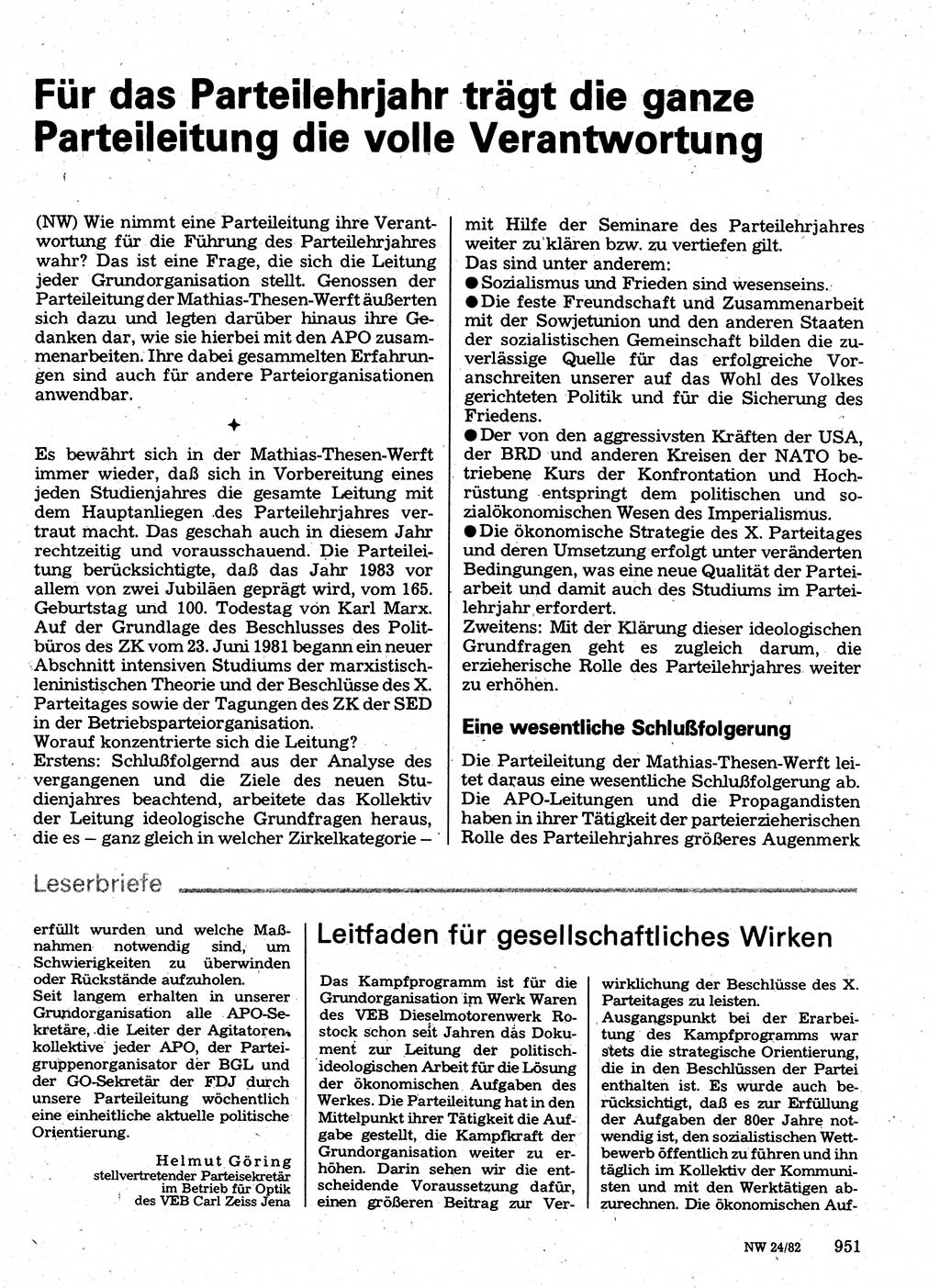 Neuer Weg (NW), Organ des Zentralkomitees (ZK) der SED (Sozialistische Einheitspartei Deutschlands) für Fragen des Parteilebens, 37. Jahrgang [Deutsche Demokratische Republik (DDR)] 1982, Seite 951 (NW ZK SED DDR 1982, S. 951)