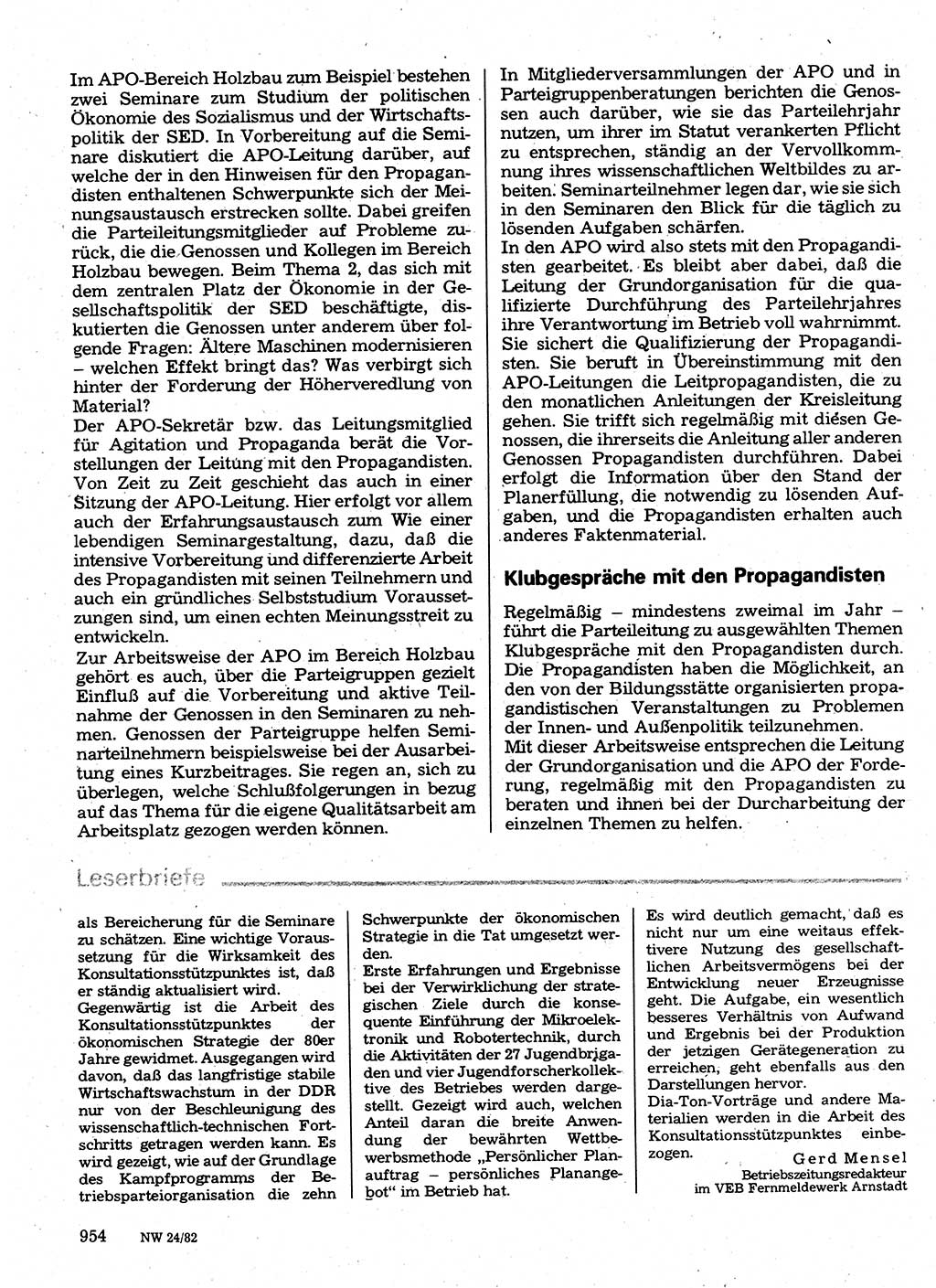 Neuer Weg (NW), Organ des Zentralkomitees (ZK) der SED (Sozialistische Einheitspartei Deutschlands) für Fragen des Parteilebens, 37. Jahrgang [Deutsche Demokratische Republik (DDR)] 1982, Seite 954 (NW ZK SED DDR 1982, S. 954)