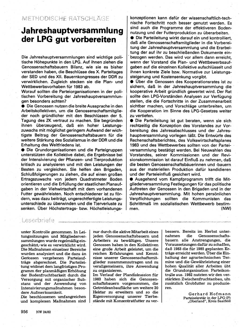 Neuer Weg (NW), Organ des Zentralkomitees (ZK) der SED (Sozialistische Einheitspartei Deutschlands) für Fragen des Parteilebens, 37. Jahrgang [Deutsche Demokratische Republik (DDR)] 1982, Seite 956 (NW ZK SED DDR 1982, S. 956)
