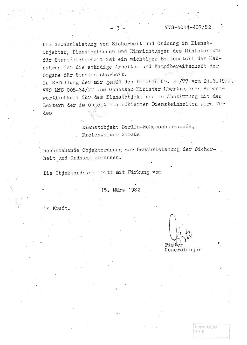 Ordnung Nr. 1/82 zur Gewährleistung von Sicherheit und Ordnung für das Objekt Berlin-Hohenschönhausen, Freienwalder Straße - Objektordnung -, Ministerium für Staatssicherheit (MfS) [Deutsche Demokratische Republik (DDR)], Hauptabteilung (HA) Ⅸ, Leiter, Verantwortlicher für das Dienstobjekt (DO) Berlin-Hohenschönhausen, Freienwalder Straße, Vertrauliche Verschlußsache (VVS) o014-407/82, Berlin 1982, Seite 3 (Obj.-Ordn. 1/82 DO Bln.-HsH. MfS DDR HA Ⅸ Ltr. VVS o014-407/82 1982, S. 3)