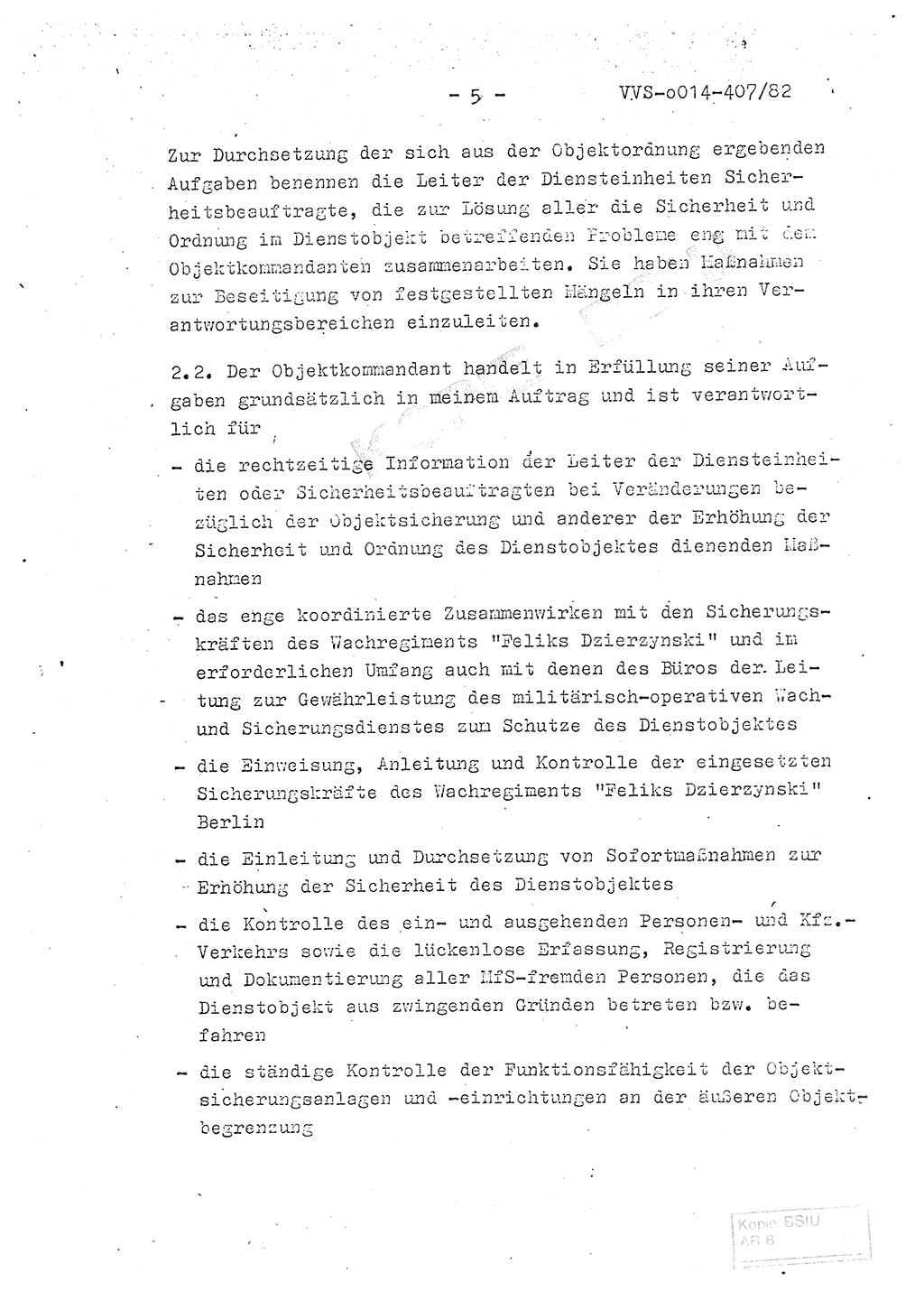 Ordnung Nr. 1/82 zur Gewährleistung von Sicherheit und Ordnung für das Objekt Berlin-Hohenschönhausen, Freienwalder Straße - Objektordnung -, Ministerium für Staatssicherheit (MfS) [Deutsche Demokratische Republik (DDR)], Hauptabteilung (HA) Ⅸ, Leiter, Verantwortlicher für das Dienstobjekt (DO) Berlin-Hohenschönhausen, Freienwalder Straße, Vertrauliche Verschlußsache (VVS) o014-407/82, Berlin 1982, Seite 5 (Obj.-Ordn. 1/82 DO Bln.-HsH. MfS DDR HA Ⅸ Ltr. VVS o014-407/82 1982, S. 5)