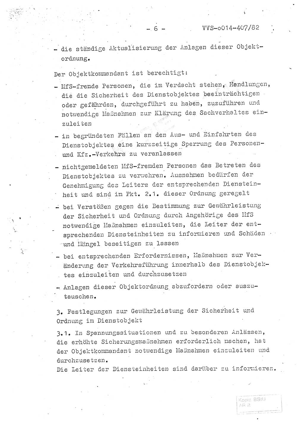 Ordnung Nr. 1/82 zur Gewährleistung von Sicherheit und Ordnung für das Objekt Berlin-Hohenschönhausen, Freienwalder Straße - Objektordnung -, Ministerium für Staatssicherheit (MfS) [Deutsche Demokratische Republik (DDR)], Hauptabteilung (HA) Ⅸ, Leiter, Verantwortlicher für das Dienstobjekt (DO) Berlin-Hohenschönhausen, Freienwalder Straße, Vertrauliche Verschlußsache (VVS) o014-407/82, Berlin 1982, Seite 6 (Obj.-Ordn. 1/82 DO Bln.-HsH. MfS DDR HA Ⅸ Ltr. VVS o014-407/82 1982, S. 6)