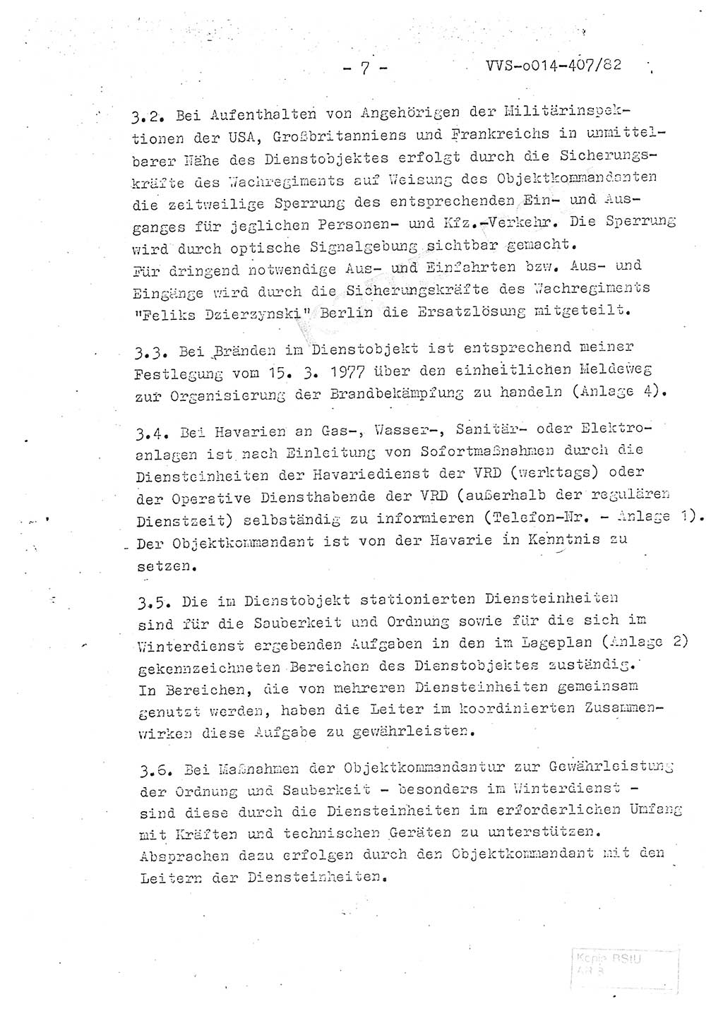 Ordnung Nr. 1/82 zur Gewährleistung von Sicherheit und Ordnung für das Objekt Berlin-Hohenschönhausen, Freienwalder Straße - Objektordnung -, Ministerium für Staatssicherheit (MfS) [Deutsche Demokratische Republik (DDR)], Hauptabteilung (HA) Ⅸ, Leiter, Verantwortlicher für das Dienstobjekt (DO) Berlin-Hohenschönhausen, Freienwalder Straße, Vertrauliche Verschlußsache (VVS) o014-407/82, Berlin 1982, Seite 7 (Obj.-Ordn. 1/82 DO Bln.-HsH. MfS DDR HA Ⅸ Ltr. VVS o014-407/82 1982, S. 7)