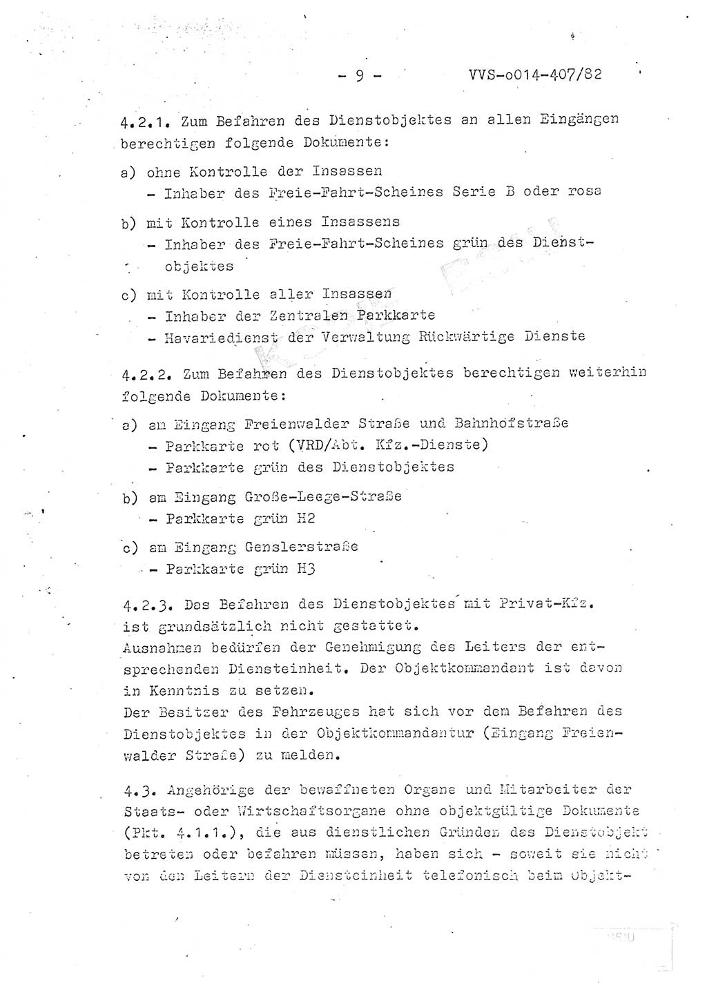 Ordnung Nr. 1/82 zur Gewährleistung von Sicherheit und Ordnung für das Objekt Berlin-Hohenschönhausen, Freienwalder Straße - Objektordnung -, Ministerium für Staatssicherheit (MfS) [Deutsche Demokratische Republik (DDR)], Hauptabteilung (HA) Ⅸ, Leiter, Verantwortlicher für das Dienstobjekt (DO) Berlin-Hohenschönhausen, Freienwalder Straße, Vertrauliche Verschlußsache (VVS) o014-407/82, Berlin 1982, Seite 9 (Obj.-Ordn. 1/82 DO Bln.-HsH. MfS DDR HA Ⅸ Ltr. VVS o014-407/82 1982, S. 9)