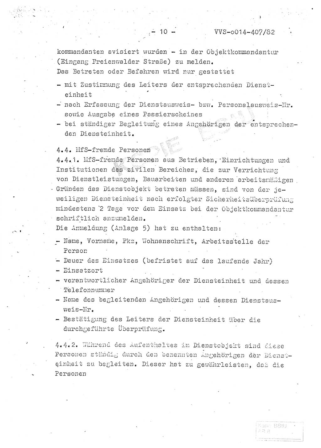 Ordnung Nr. 1/82 zur Gewährleistung von Sicherheit und Ordnung für das Objekt Berlin-Hohenschönhausen, Freienwalder Straße - Objektordnung -, Ministerium für Staatssicherheit (MfS) [Deutsche Demokratische Republik (DDR)], Hauptabteilung (HA) Ⅸ, Leiter, Verantwortlicher für das Dienstobjekt (DO) Berlin-Hohenschönhausen, Freienwalder Straße, Vertrauliche Verschlußsache (VVS) o014-407/82, Berlin 1982, Seite 10 (Obj.-Ordn. 1/82 DO Bln.-HsH. MfS DDR HA Ⅸ Ltr. VVS o014-407/82 1982, S. 10)