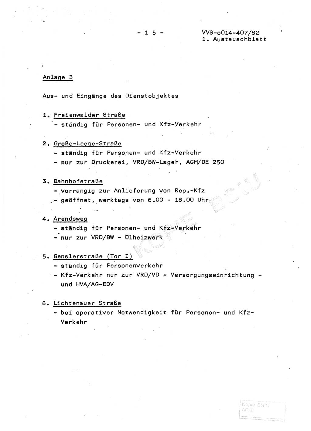 Ordnung Nr. 1/82 zur Gewährleistung von Sicherheit und Ordnung für das Objekt Berlin-Hohenschönhausen, Freienwalder Straße - Objektordnung -, Ministerium für Staatssicherheit (MfS) [Deutsche Demokratische Republik (DDR)], Hauptabteilung (HA) Ⅸ, Leiter, Verantwortlicher für das Dienstobjekt (DO) Berlin-Hohenschönhausen, Freienwalder Straße, Vertrauliche Verschlußsache (VVS) o014-407/82, Berlin 1982, Seite 15 (Obj.-Ordn. 1/82 DO Bln.-HsH. MfS DDR HA Ⅸ Ltr. VVS o014-407/82 1982, S. 15)